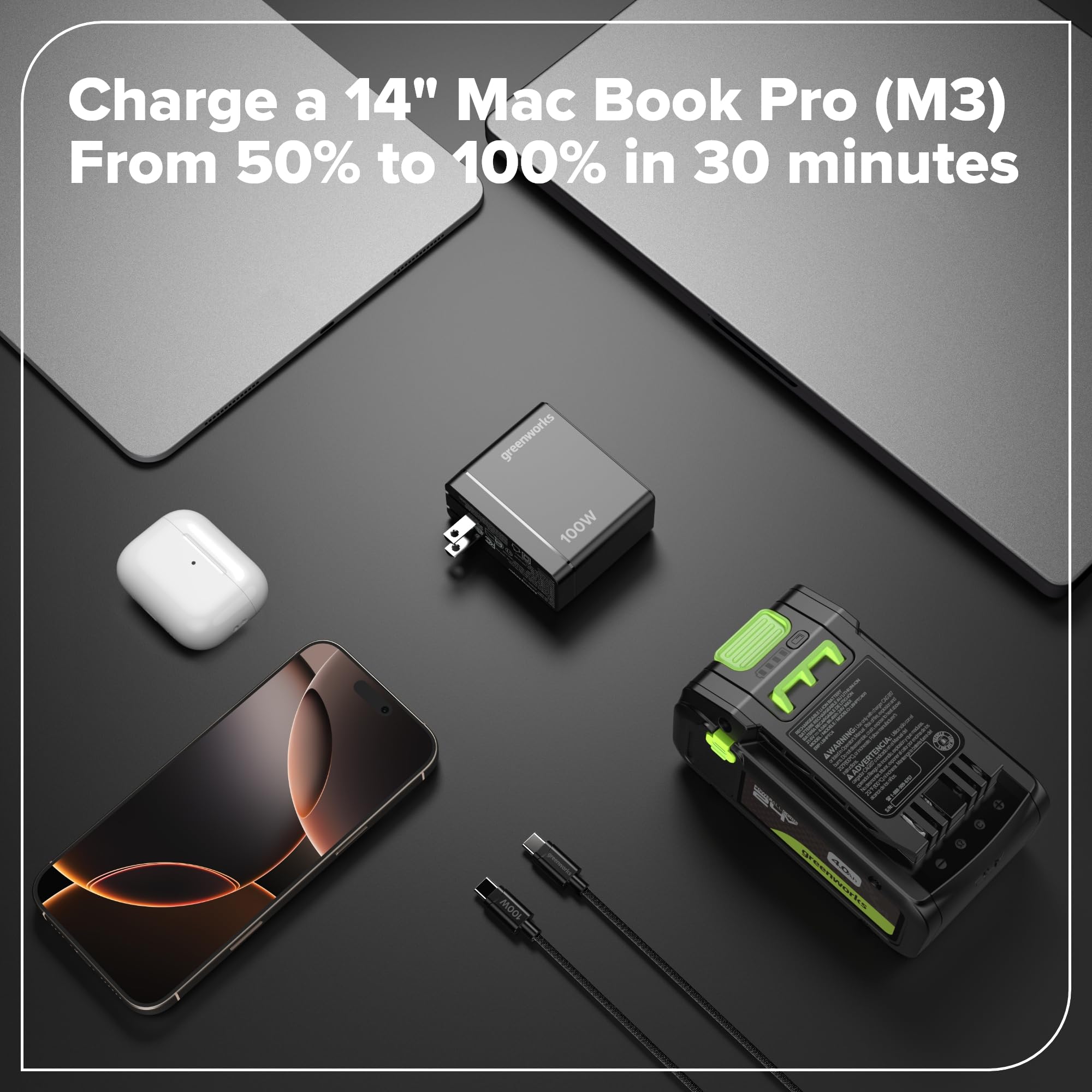 Greenworks Ładowarka USB-C 100 W szybka ładowarka PPS, kompaktowy zasilacz do MacBooka Pro/Air, iPad Pro, Galaxy S24/23, iPhone, Pixele, 3 lata , AP100EA