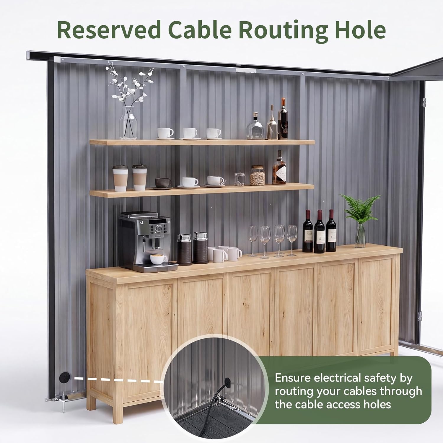 Interior view of the Aoxun Outdoor Bar Shed showing a reserved cable routing hole for electrical safety.
