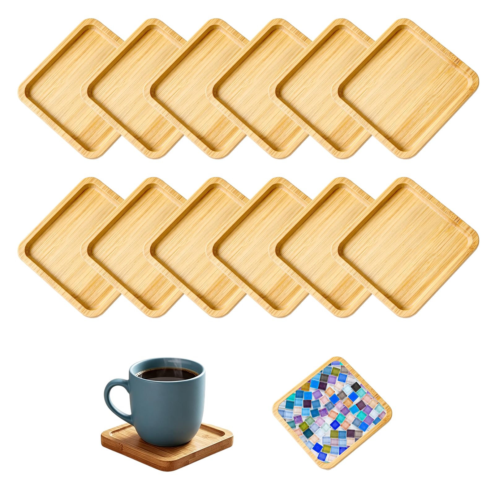 12Pcs Wooden Mosaic Coasters, 9cm Fillable Square Bamboo Coasters Set