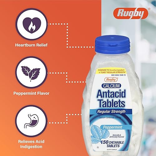 Miniatura 4 de Rugby - Tabletas antiácidas de carbonato de calcio de 500 mg de menta, fuerza regular, 150 tabletas masticables - 2 unidades
