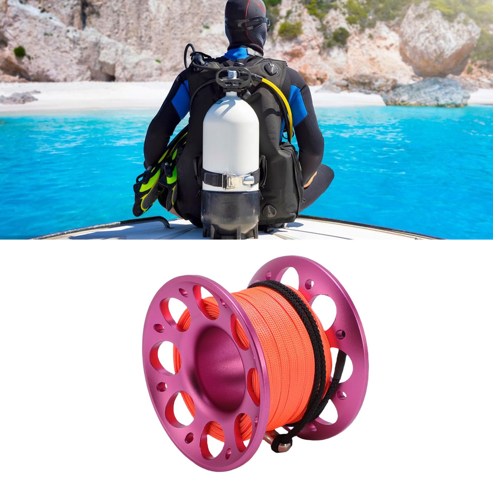Fabater Dévidoir de plongée sous-Marine, Bobine en Alliage d'aluminium pour épaves et grottes, avec Fil Haute visibilité de 15 m et Mousqueton à Double extrémité, pour Les activités (Rose Rouge)