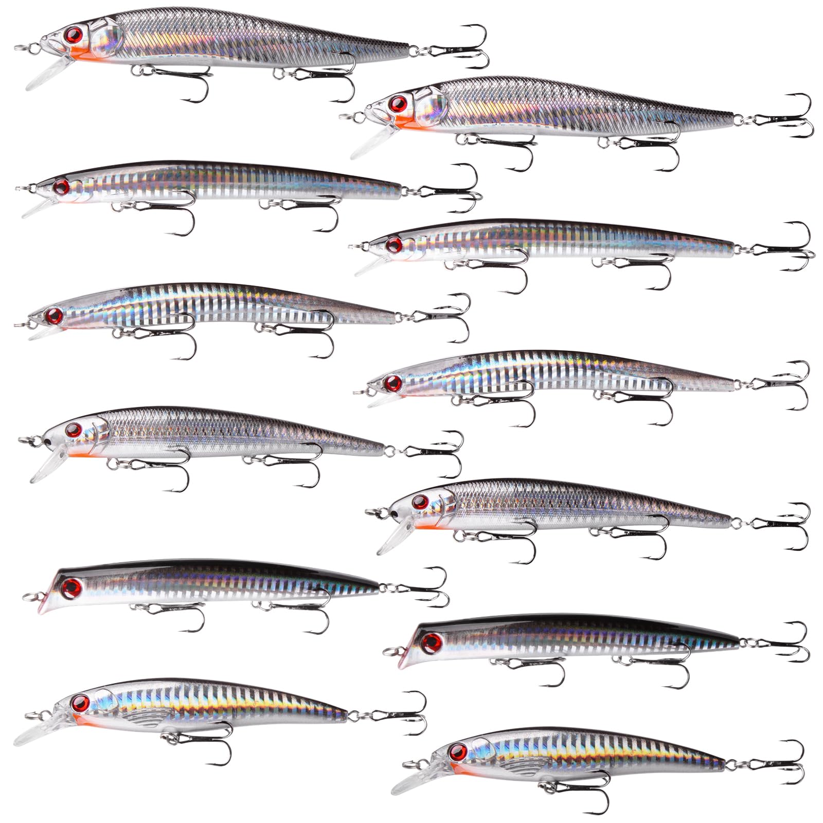 Saltwater Fishing Lures Kit, 6/12pcs Striped Bass Lures Surf Fishing Minnow Lures Deep Diving Jerkbait Popper Plugs Crankbait Fishing Tackle