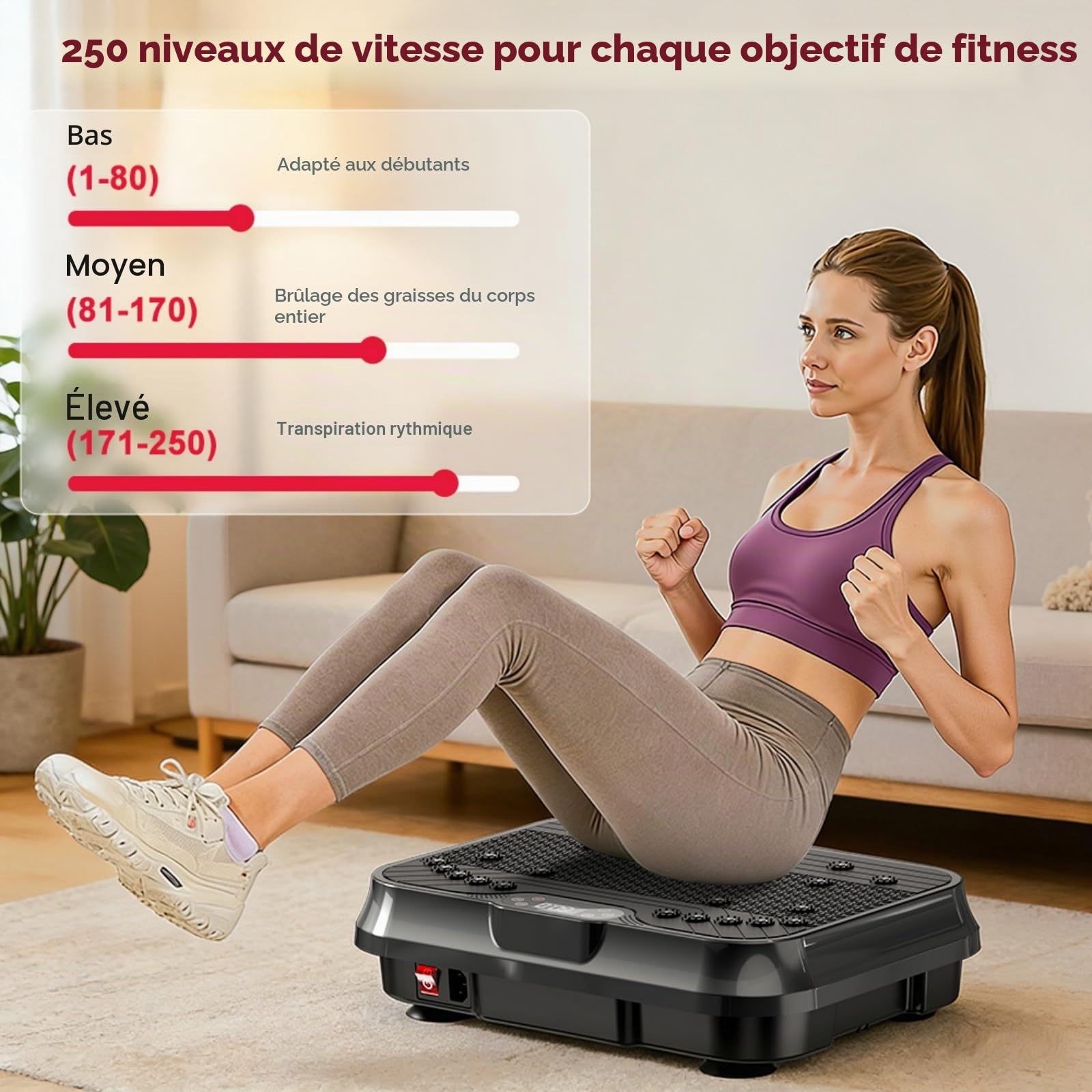 Plateforme vibrante oscillante pour entraînement complet – Modèle 2026 avec 2 bandes élastiques et sauteur, 250 vitesses, brûle les graisses et tonifie les muscles à la maison