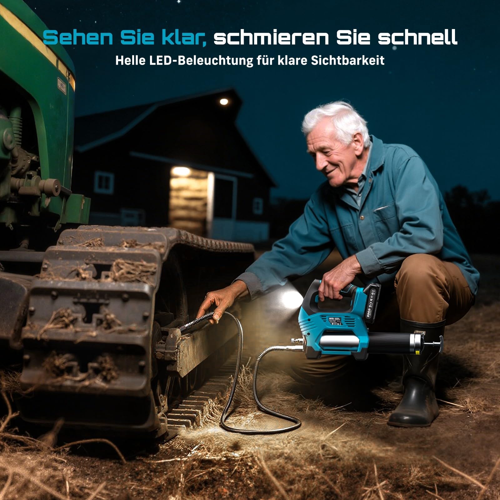 Seesii 12000PSI Akku Fettpresse Set mit 2 Akkus (und kompatibel mit Makita 18V Akku), 3 Geschwindigkeiten, Bürstenlosem Motor, 3 Mundstück, 1m langem Schlauch, 90-Grad-Adapter und LED-Leuchte