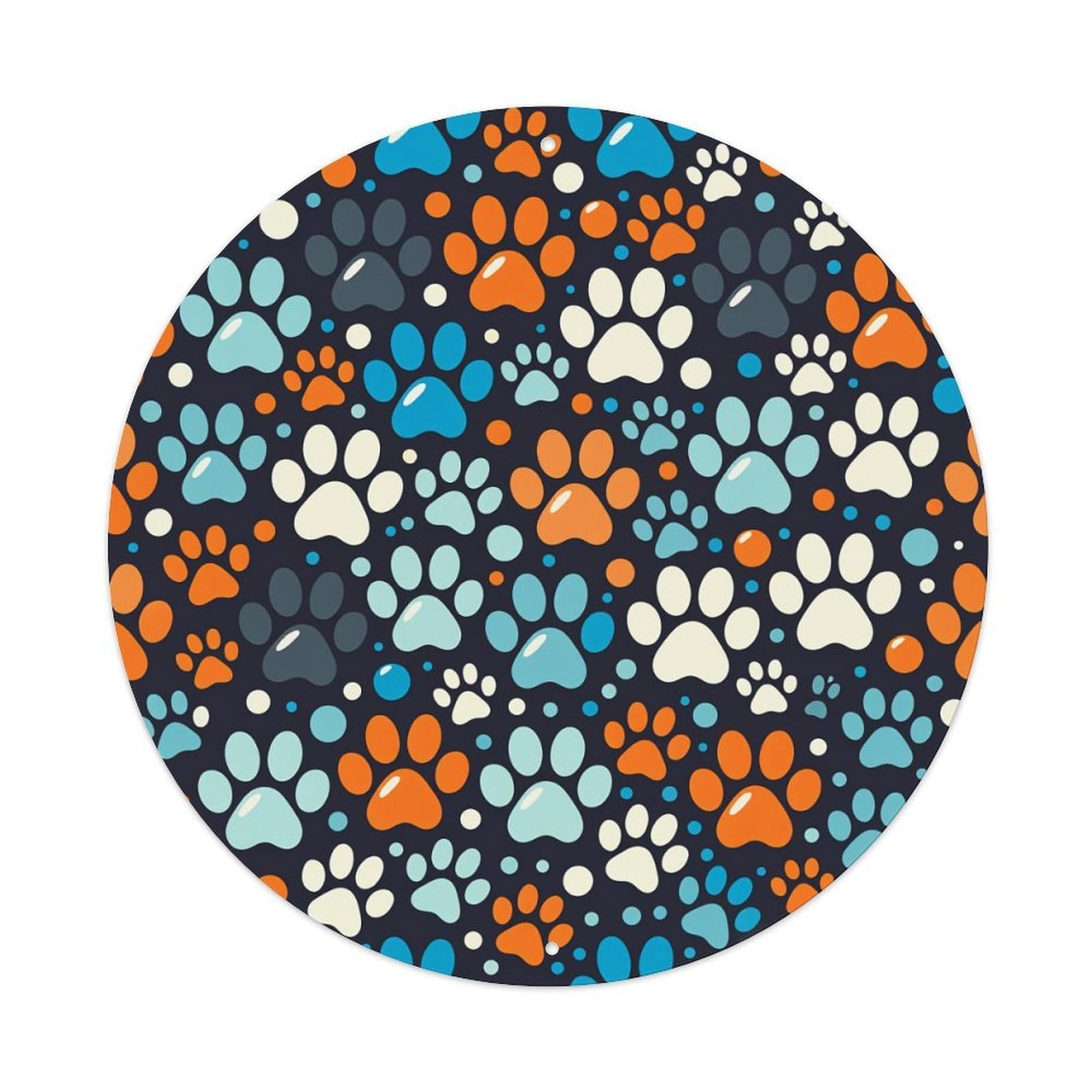 Colorful Paw Prints Pattern Design Round Tin Sign Vintage Metal Poster Retro Bar, Home, Man Cave, Kitchen, Laundry Room Wall Art Decor Gift 8x8Inch