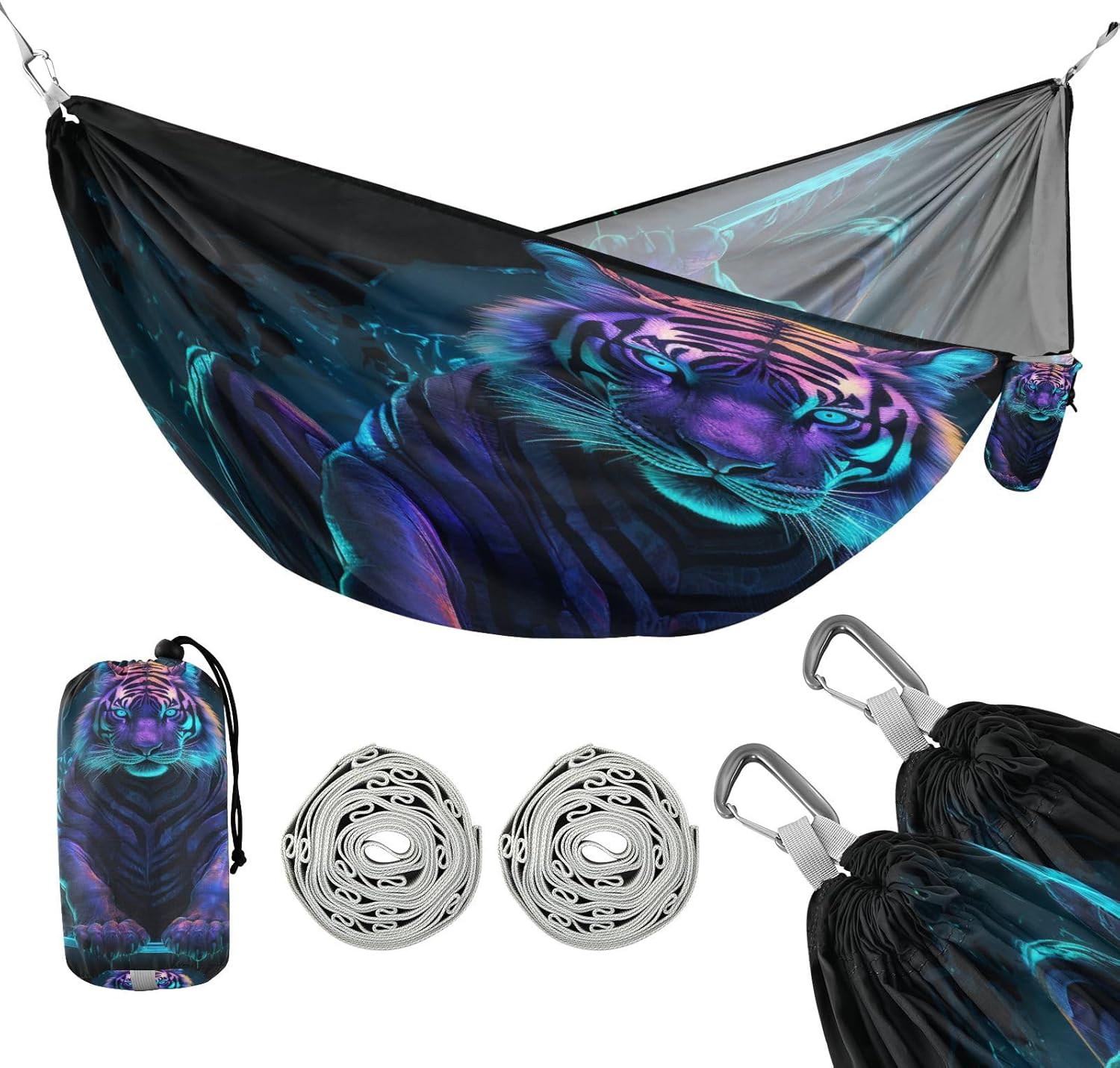 ALAZA Neon Tiger Camping Hammocks Single or 2 Person 500 lbs Portable Parachute Travel Hammock w/Tree Straps for Hiking Backpacking Indoor Outdoor