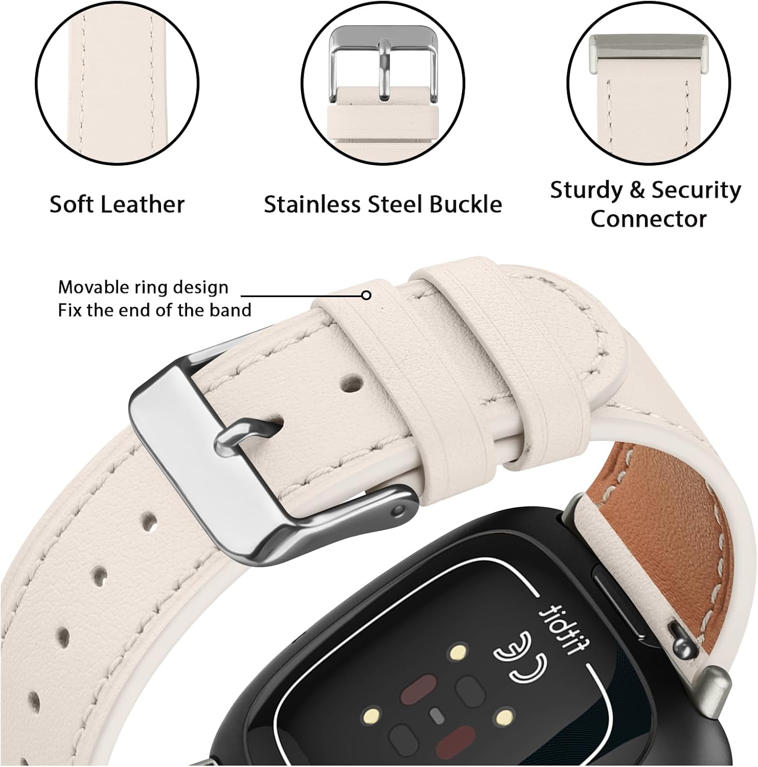 Meliya Leather Bands Compatible with Fitbit Versa 4 Bands/Fitbit Versa 3 Bands/Sense 2 Bands/Fitbit Sense Watch Bands for Women Men, Classic Genuine Leather Wristband Straps