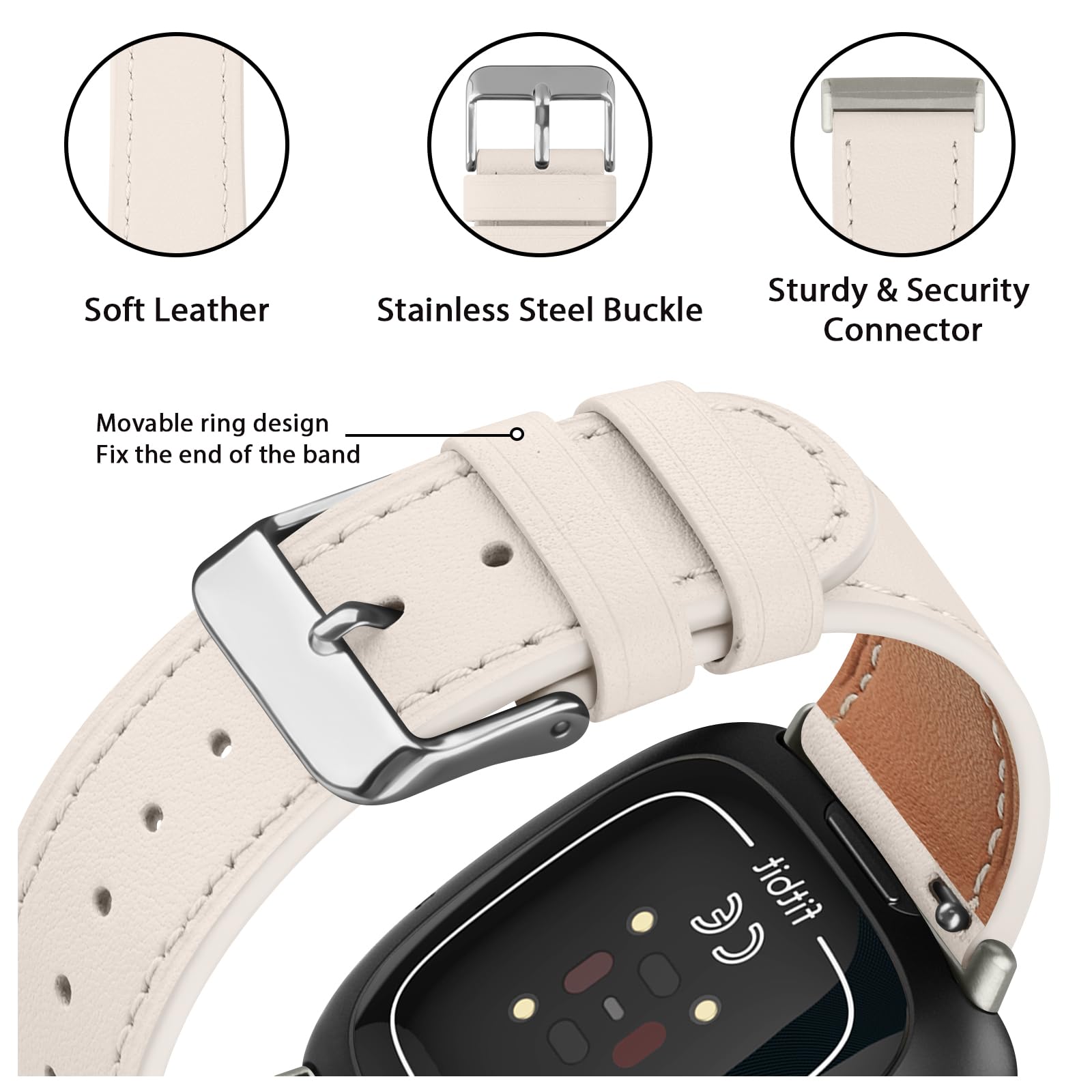 Genuine Leather Straps for Fitbit Versa 4 /Sense 2 - Women & Men, Starlight - Image 4