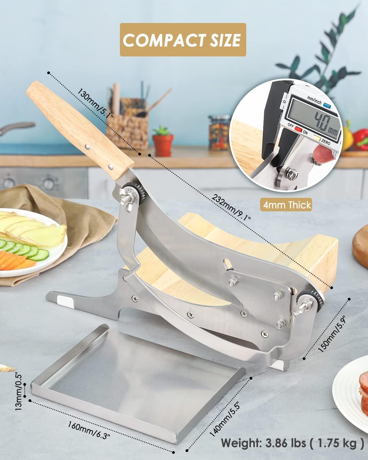Moongiantgo Affettatrice Manuale per Medicina Cinese, 0-12mm Regolabile | 23cm Lama in Acciaio Inox, Spessore Regolabile, Vassoio Magnetico, Base in Legno, per Ginseng, Gastrodia, Carne Secca, Erbe