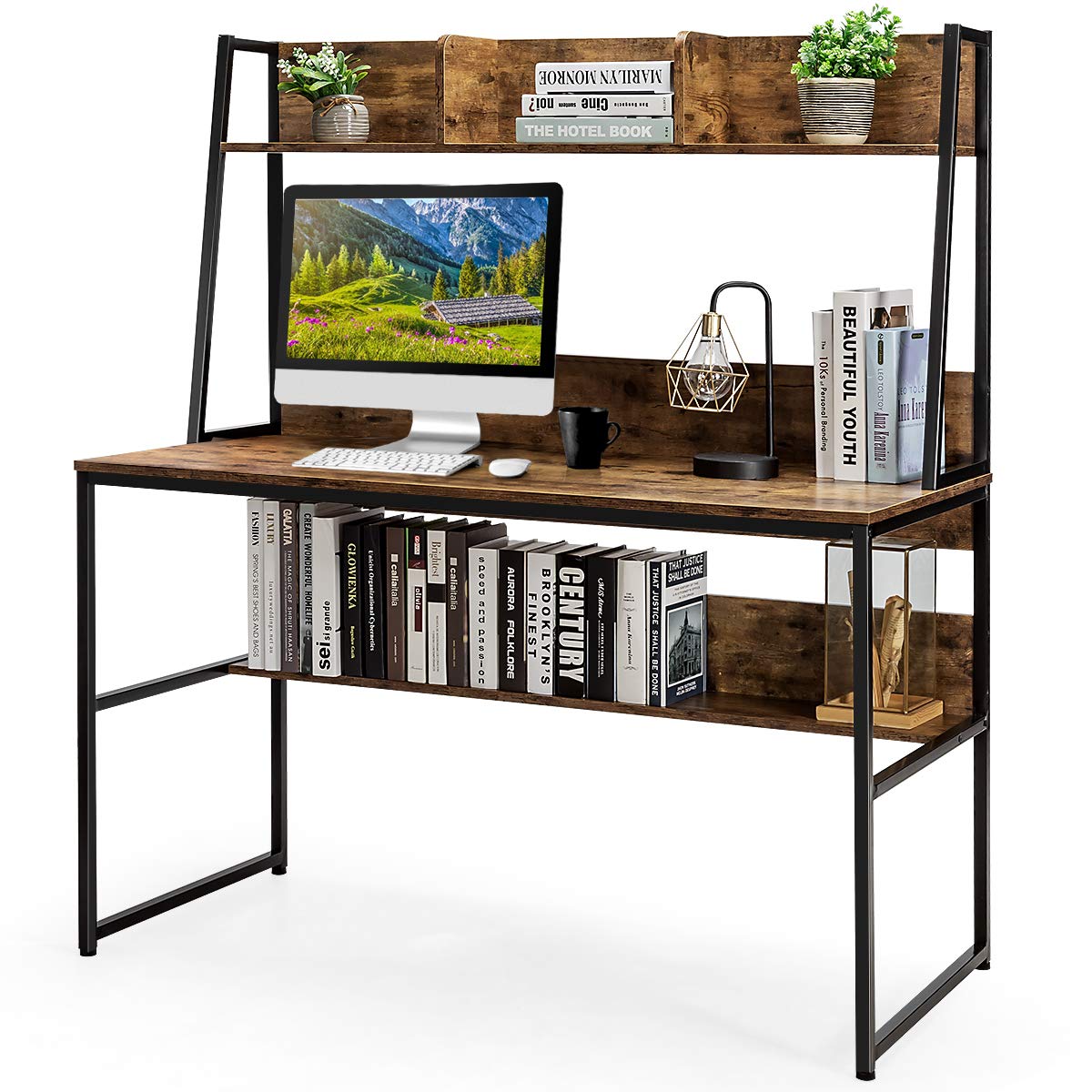LIFEZEAL Scrivania con appoggio, scrivania per computer con ripiani, tavolo da lavoro multifunzione con libreria, tavoli da ufficio in legno, per studio e camera da letto, 120 x 57 x 140 cm (caffè)