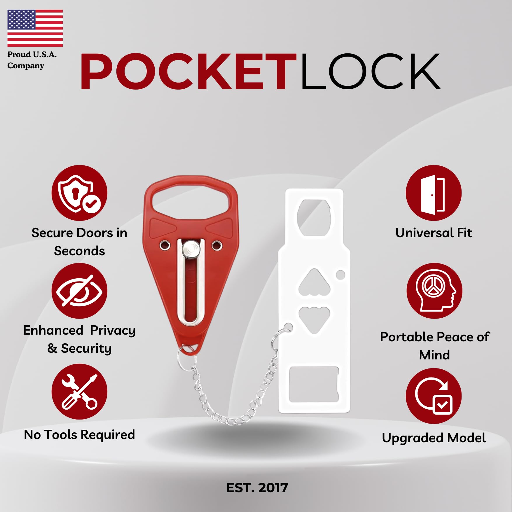 Juego de cerradura de puerta portátil + alarma de tope de puerta - Kit de seguridad de viaje para habitaciones de hotel, hogar, dormitorios y apartamentos - PocketLock (rojo, cerradura + alarma)
