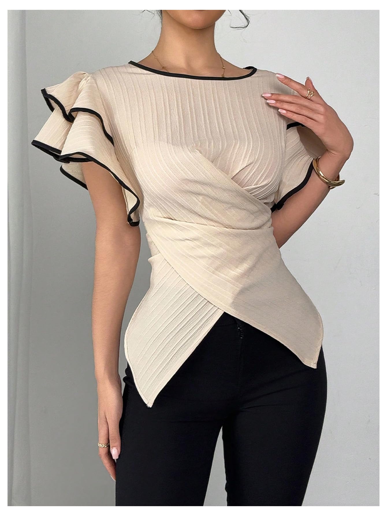 SOLY HUX Women's Summer Wrap Tie Back Blouse Ruffle Short Sleeve Crewneck Casual Going Out Tops