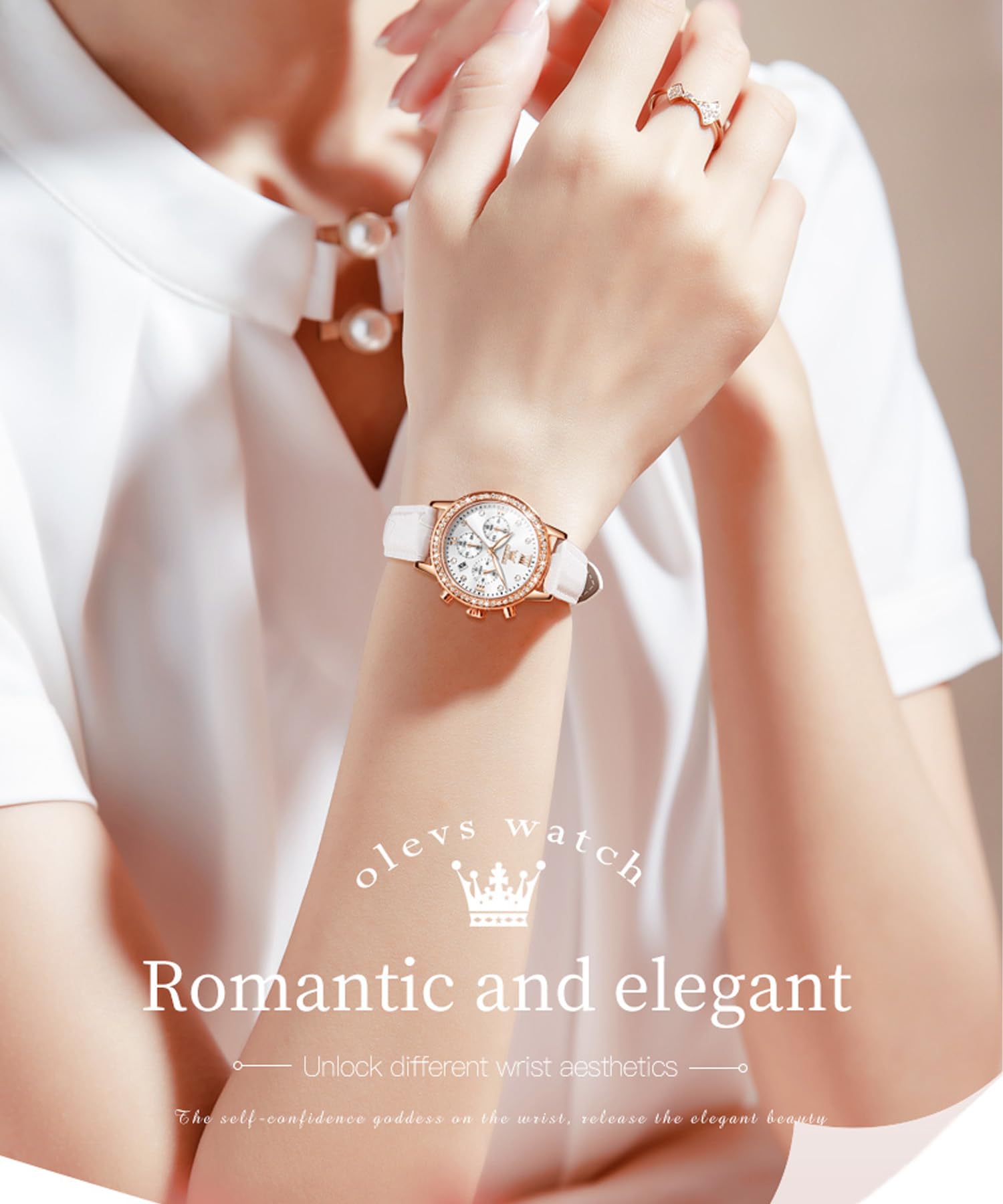 OLEVS Damen-Armbanduhr, multifunktionaler Chronograph mit 4 Hilfszifferblättern, Lederarmband, römische Ziffern, Datum, Leuchtend, wasserdicht, Elegante Armbanduhr