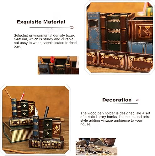 Miniatura 5 de Soporte de madera para bolígrafo con forma de libro de biblioteca, soporte de madera para lápices con cajón de almacenamiento inferior, organizador
