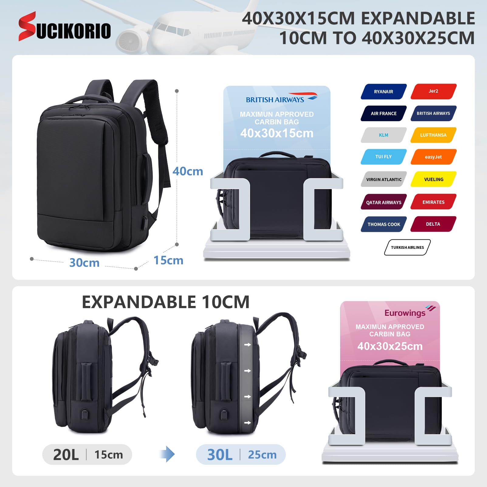 40x30x15cm Air France British Airways Scalabile 10cm 40x30x25cm Eurowings Zaino da Viaggio Aereo Bagaglio a Mano Volotea, Impermeabile Zaini Borse da Viaggi Zaino Porta PC 15,6 Pollici
