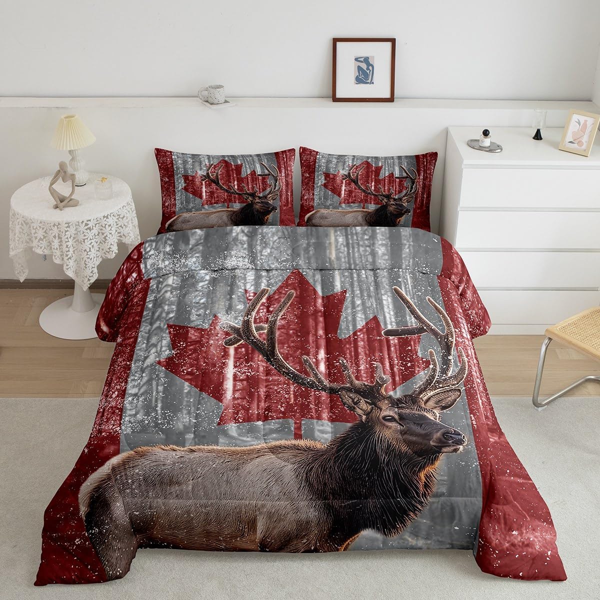 Vintage Red Maple Leaf 3 Pcs Comforter/Duvet Set,Western Wildlife Animals and Trees Ultra Soft Bed Collection,Elk Deer Canadian Flag Bedding for Room Decor 3 Pcs,Microfiber Breathable,King