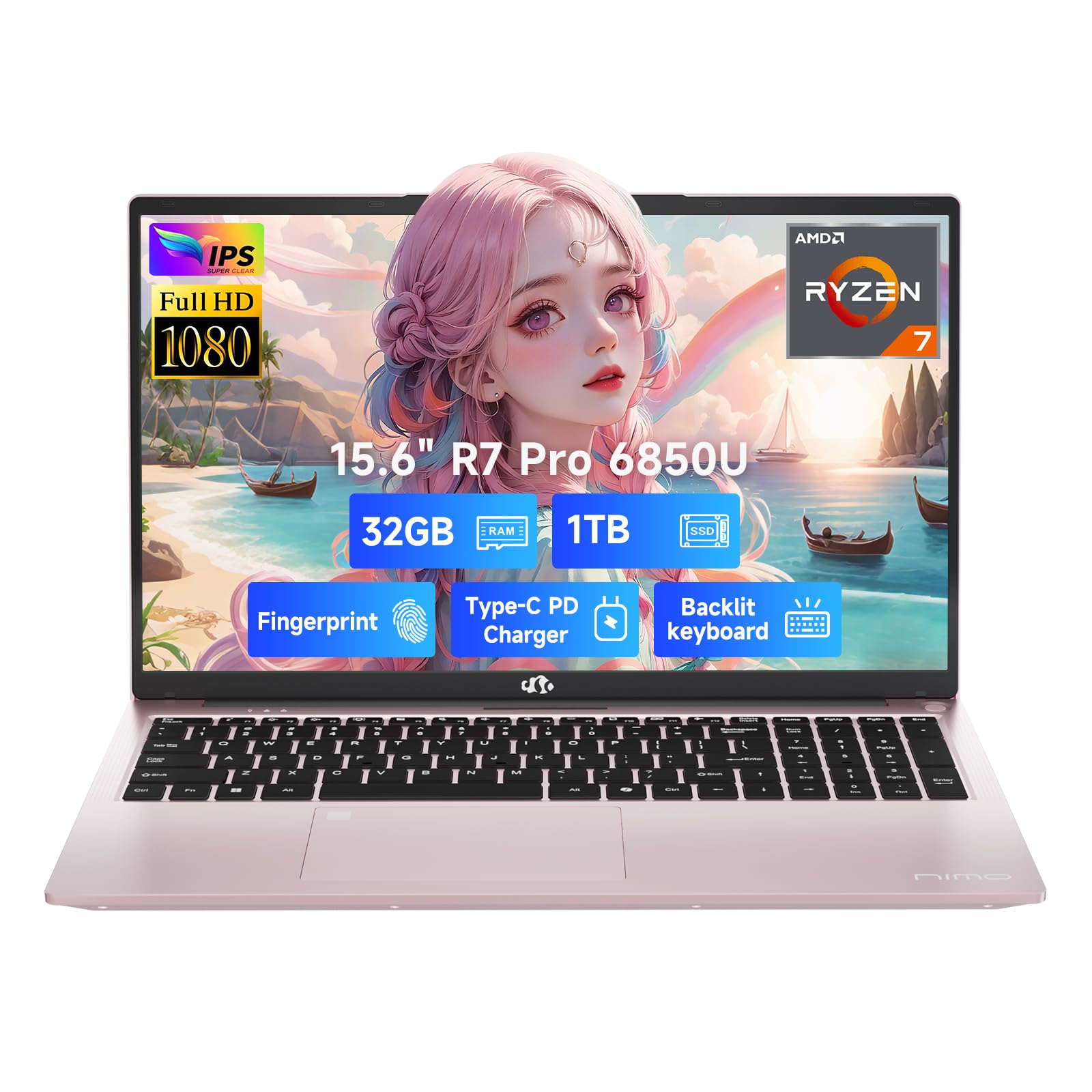 NIMO 15.6" Light-Gaming-Laptop, 8 Cores AMD Ryzen 7 Pro 6850U 32GB LPDDR5 RAM 1TB SSD (Beat i7-1360P Up to 4.7GHz) AMD Radeon 680M GPU IPS FHD Computer with 100W Type-C Backlit Keyboard Fingerprint