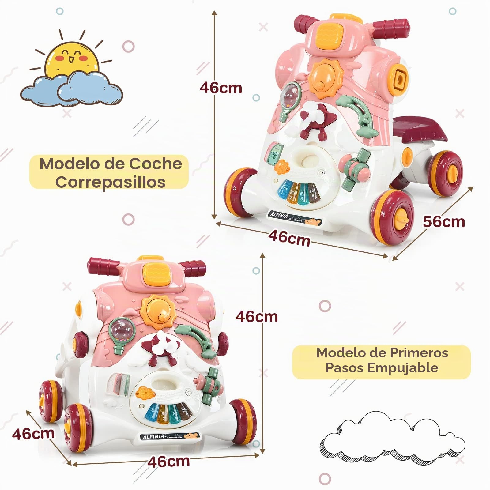 RELAX4LIFE 3 en 1 Andador Bebes Giratorio con Juguetes, Luces, Sonidos, Piano Desmontable y Ruedas de Velocidad Regulable, Correpasillos Bebe de ABS y PP para Bebés 6-36 Meses (Rosa)