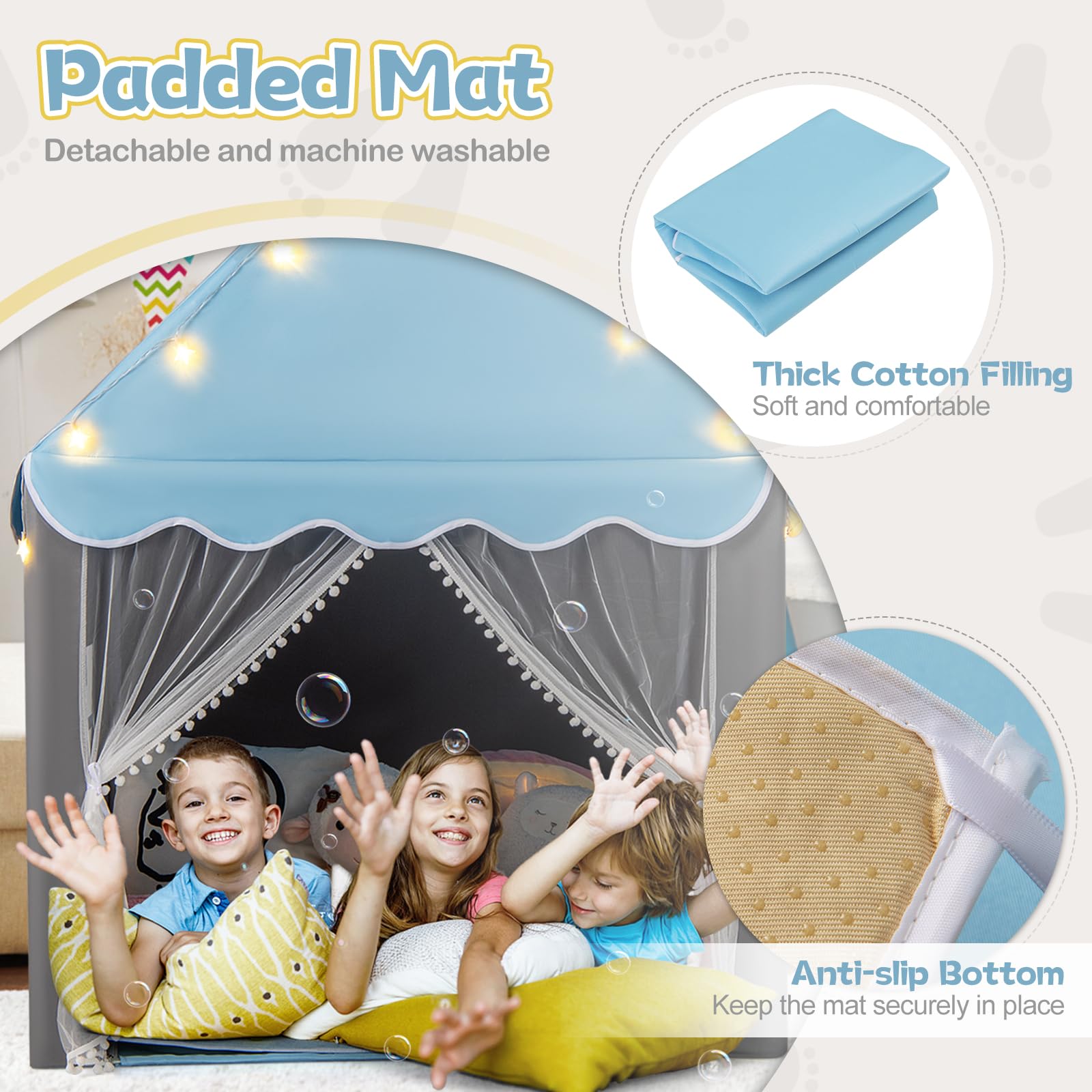 HOMASIS Tenda da Giochi per Bambini, Casetta per Bambini Interna con Tappeto Lavabile e Luci a Forma di Stella, Casa Giochi con Porta e Finestre, 105 x 121 x 136 cm (Blu)