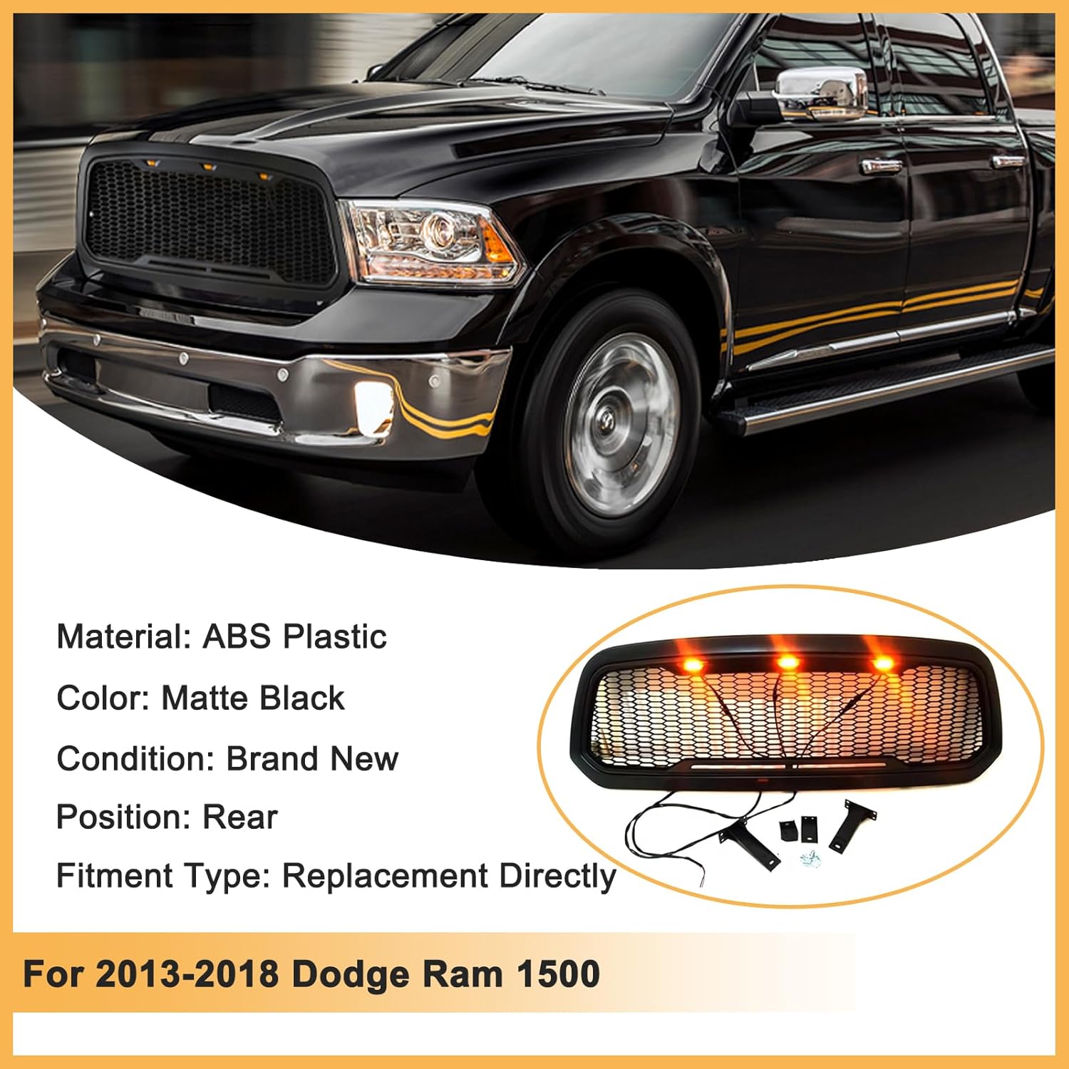 Front Honeycomb Grill for Dodge Ram 1500 2013-2018 Dodge Ram 1500 Classic 2019-2021 Grille Matte Black with LED Lights