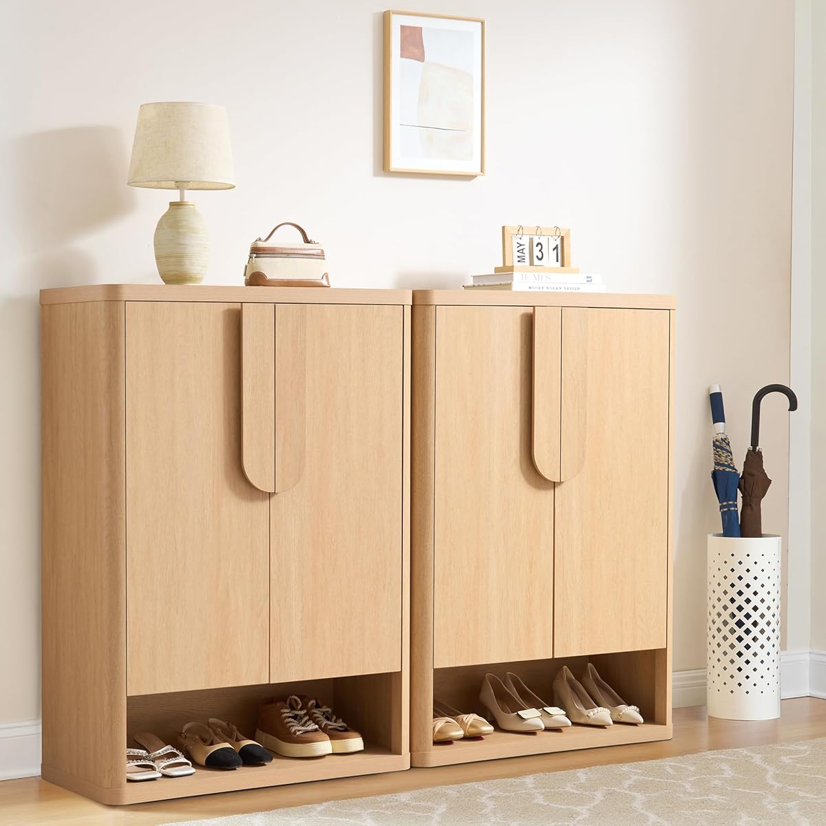 Shoe Cabinet 44" Tall Large Storage Organizer Modern Shoe Rack with Doors & 4 Shelves Minimalist Free Standing 5-Tier Cabinet for Entryway Hallway Living Room,Natural, 2PCS