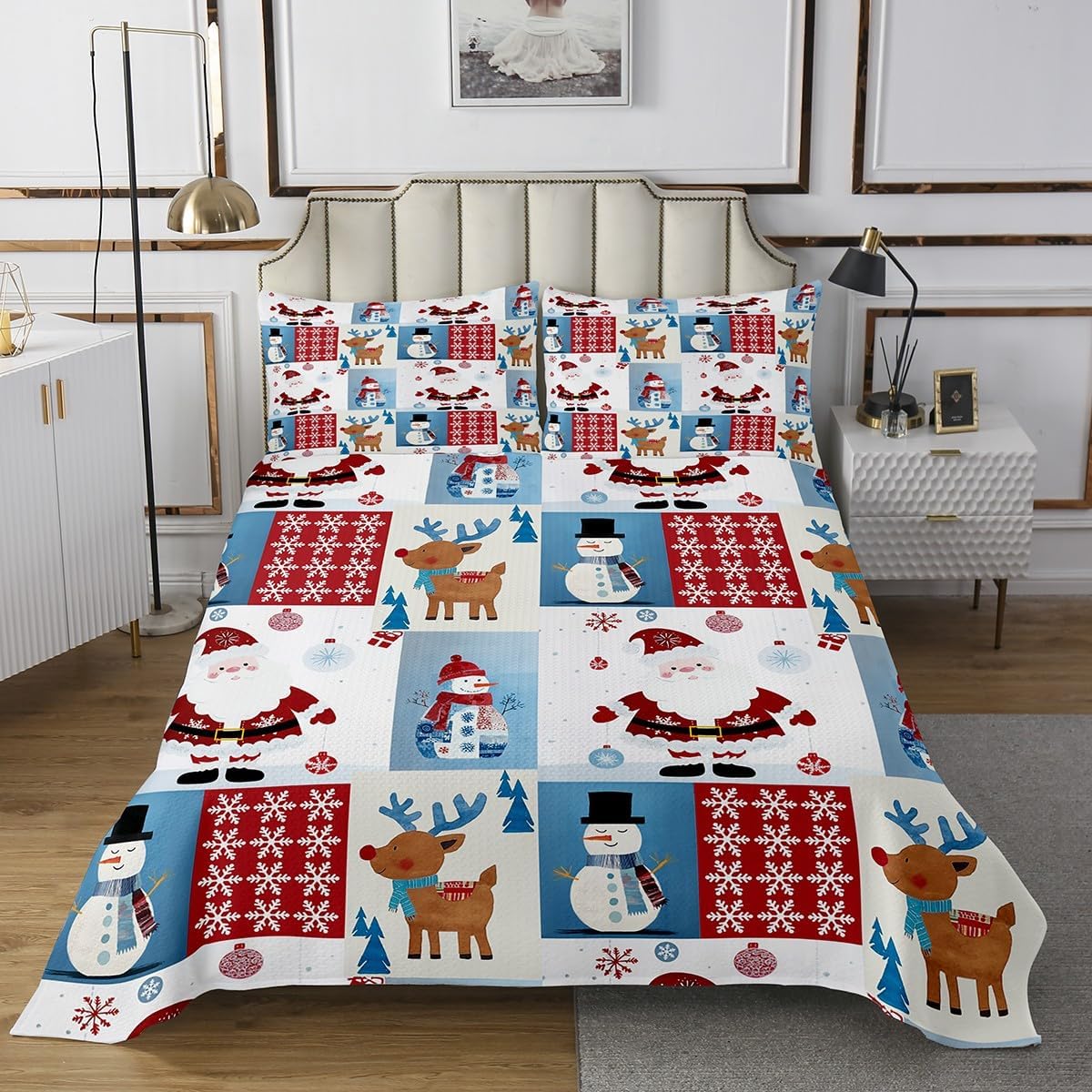 jejeloiu Pink Christmas Bedspread Quilts Xmas Tree Snowman Coverlet Set King Size for Kids Boys Girls Elk Dog Quilted Coverlet for All Season with 2 Pillowcases Microfiber