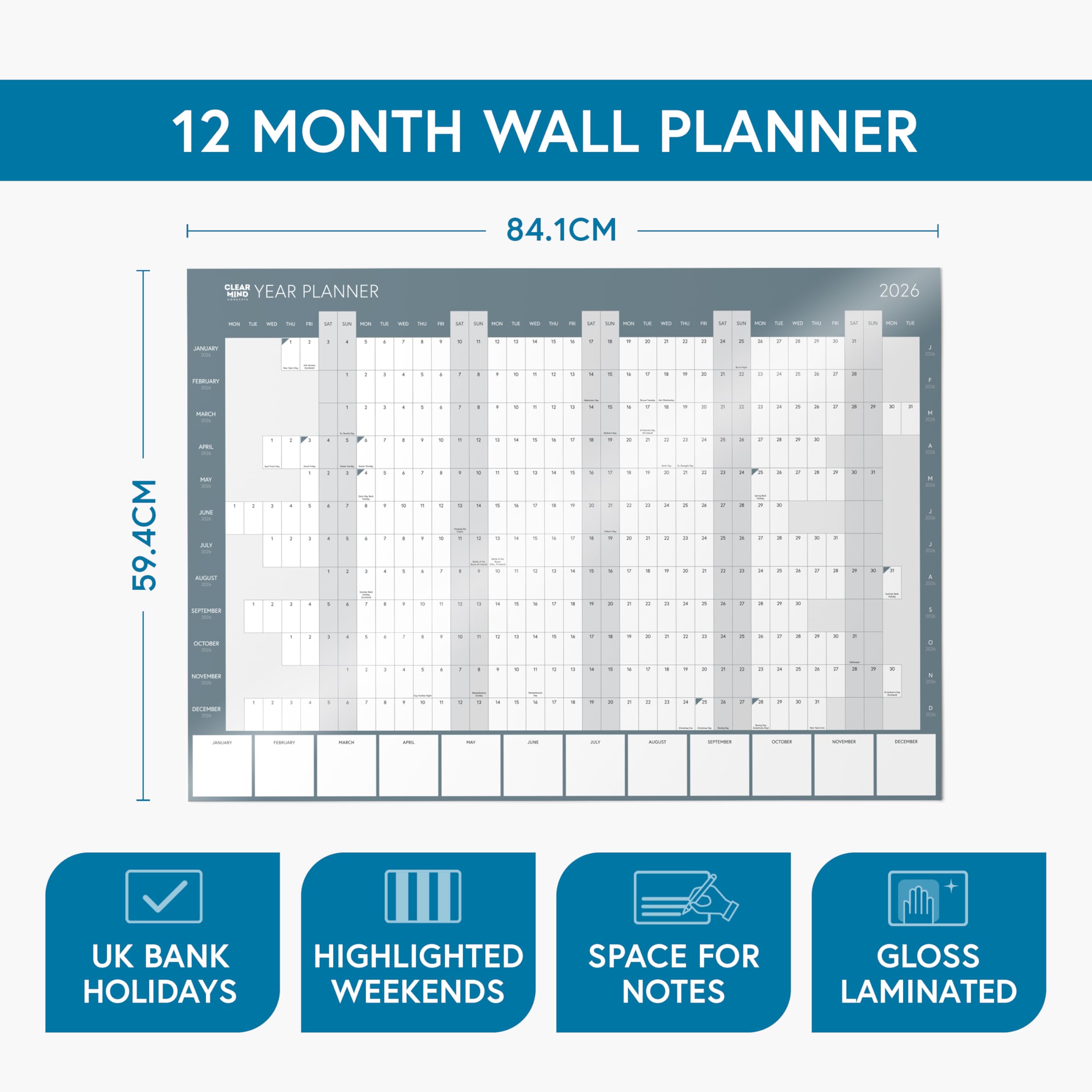 Wandplanner 2023 gelamineerd - A1/A2 Grote Volledige Jaar Muurplanner - Muurkalender Familie Vakantie - met Mount Stickers door Giftinghouse