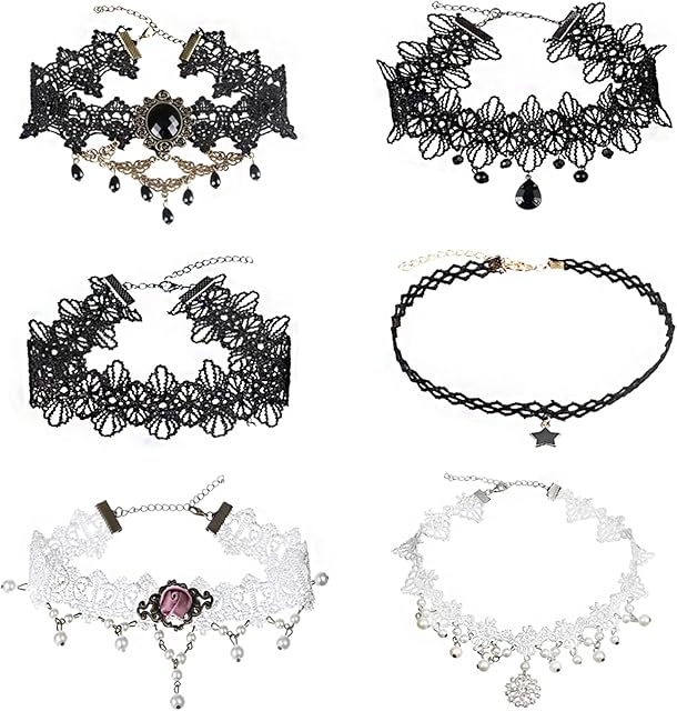 EQLEF Lace Choker Necklace Set, Gothic Pendant Necklace Tattoo Choker for Women Teens Girls White and Black
