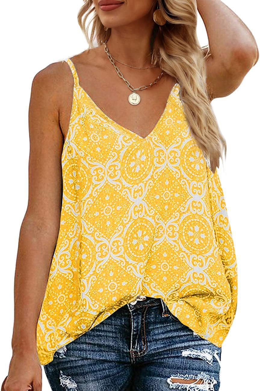 TECREWWomen's Boho Floral V Neck Spaghetti Straps Tank Top Summer Sleeveless Shirts Blouse