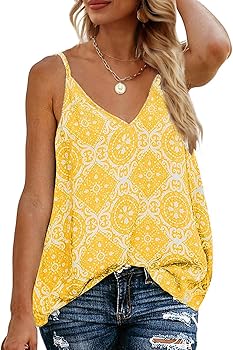 TECREW Women's Boho Floral V Neck Spaghetti Straps Tank Top Summer Sleeveless Shirts Blouse