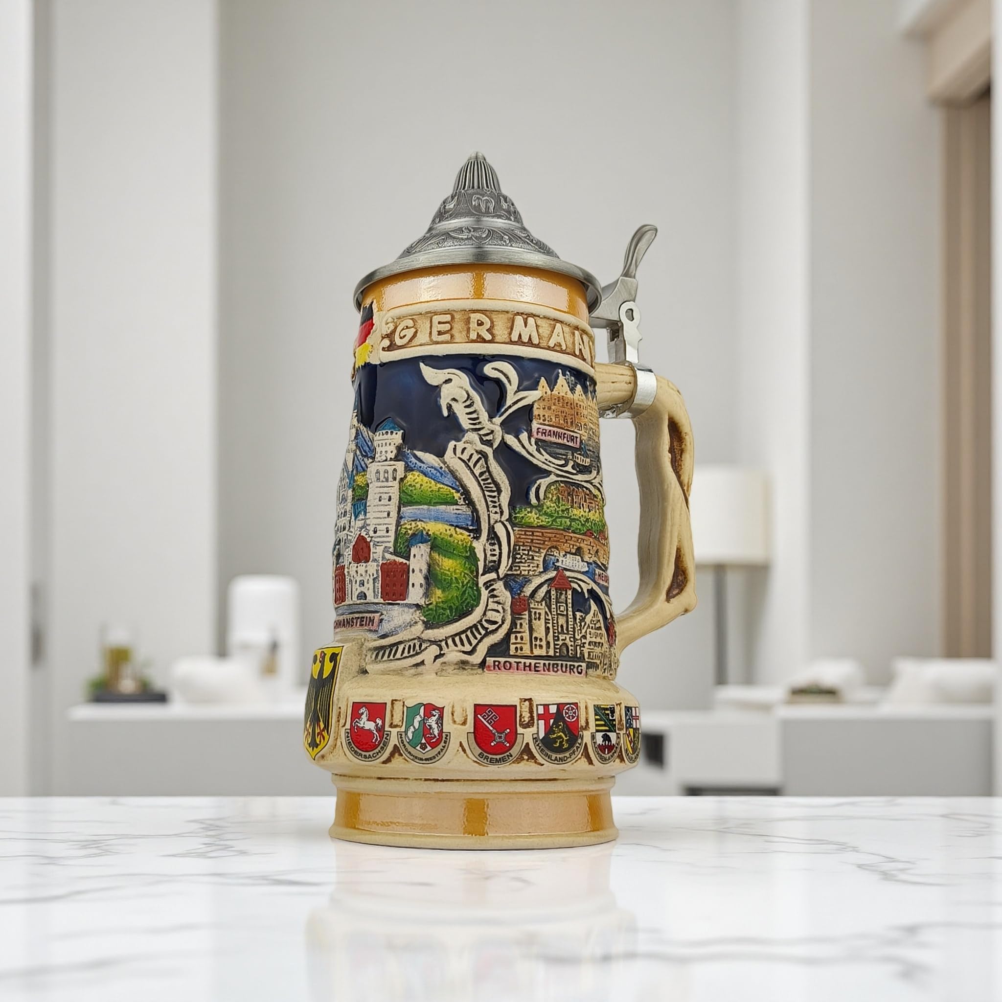 Jarra de cerveza alemana con tapa, 0,7 l, jarra de piedra tradicional con diseño de Neuschwanstein, cuerda de cerveza hecha a mano para fiesta, hogar y colección, regalo para hombres, padres