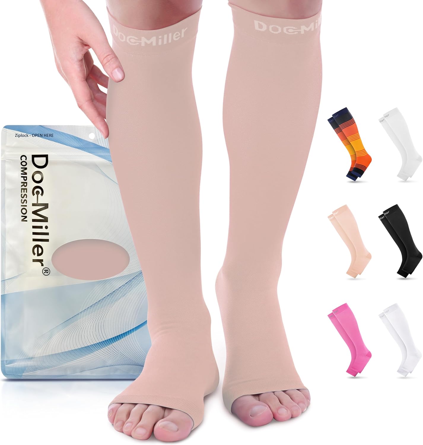 Doc Miller, Open Toe Compression Socks, 8-15 mmHg, Toeless, Support Circulation, Shin Splints, Calf Recovery, Varicose, Knee High, Medical Grade, Skin/Nude Socks, 2X-Large Size for Men & Women, Pair
