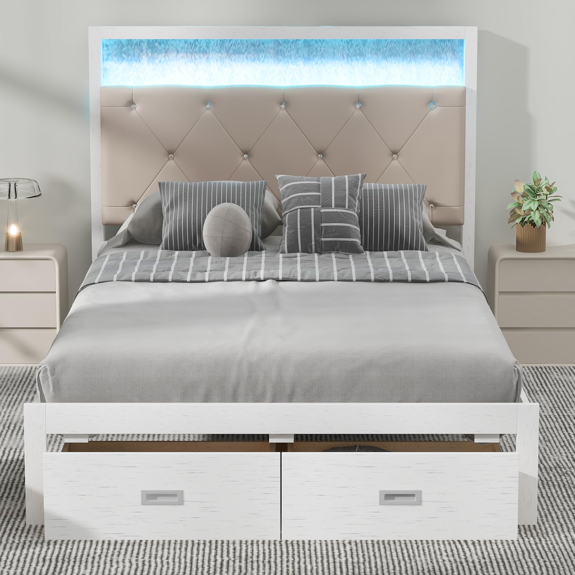Full Size Platform Bed with Upholstered Headboard and LED Lights, Stylish Wood Bed Frame with 2 Storage Drawers and Slat Support for Kids Teens Adults, No Box Spring Needed (Antique White-02, Full)