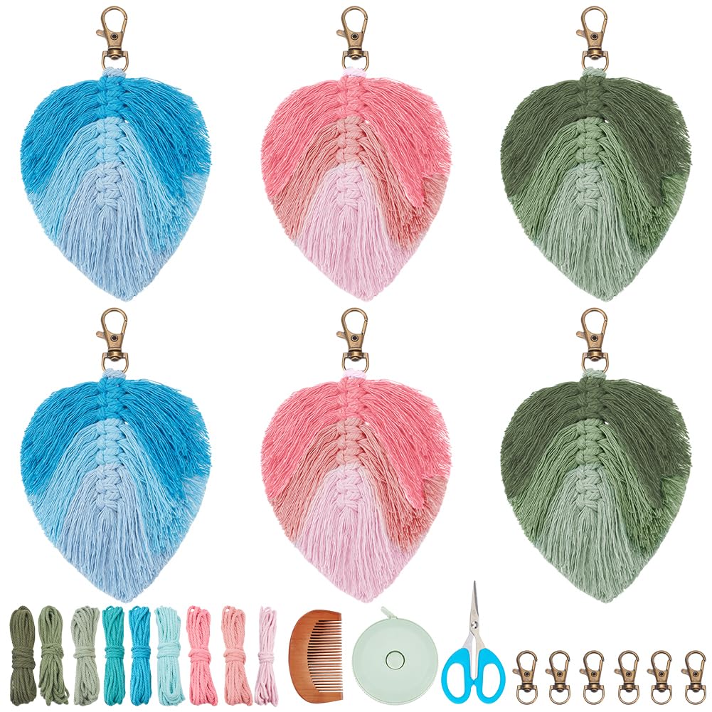 PLIGREAT 6 Sets DIY Leaves Macrame Keychain Kit, Colorful Handcraft Feather Keychain Making Kit for Beginners Adult Macrame Knotting Ornament for Car Key Purse Wallet with Instruction
