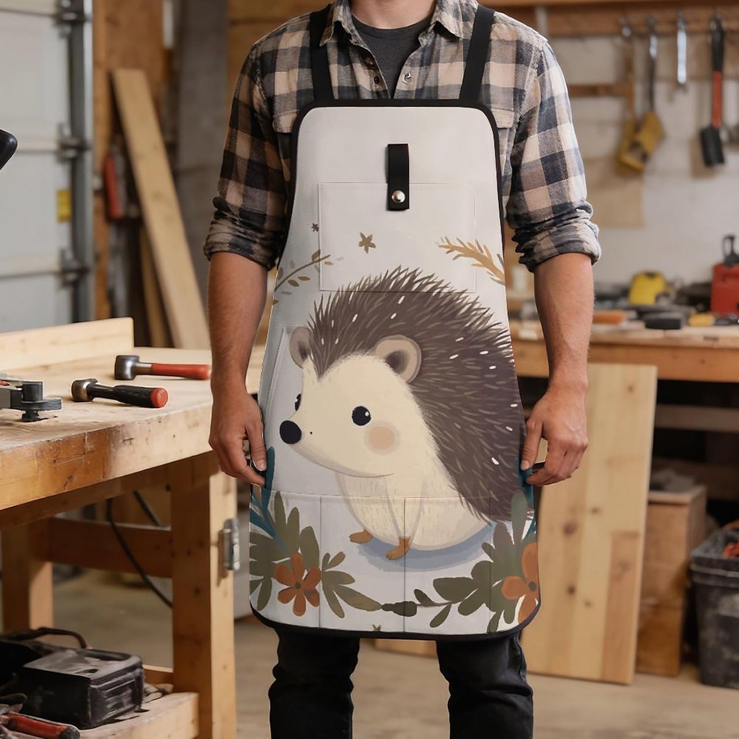 Cute Little Hedgehog Tool Apron for Men Women Fully-Adjustable Work Apron with 8 Tool Pockets Heavy Duty Workshop Bib Aprons for Carpenter Woodworker Blacksmith Welder Cobbler Butcher image 5