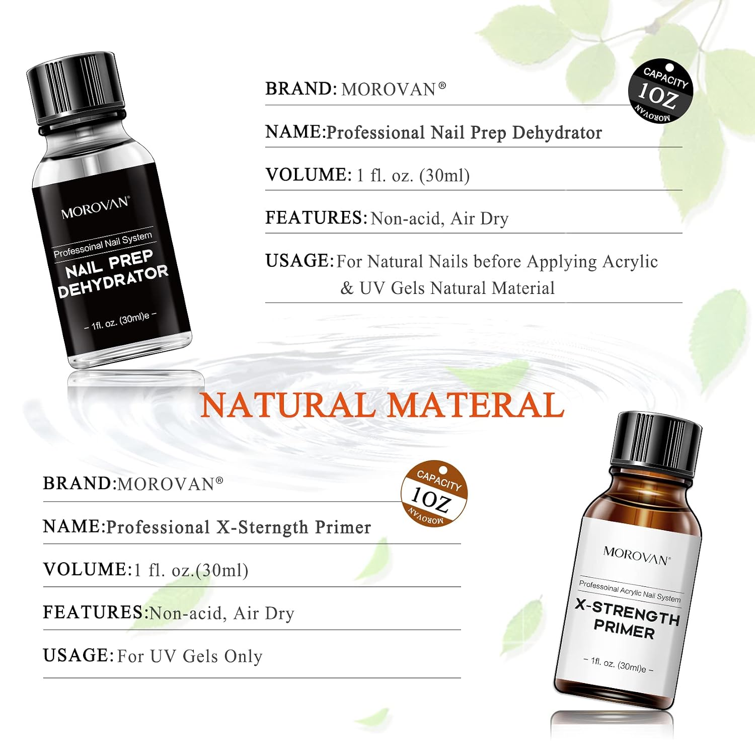 Morovan Nail Primer and Dehydrator for Acrylic Nails, Professional Long-Lasting Acrylic Nail Primer and Dehydrator Set, Fast Air Dry Dehydrator and Primer 30ML/1OZ