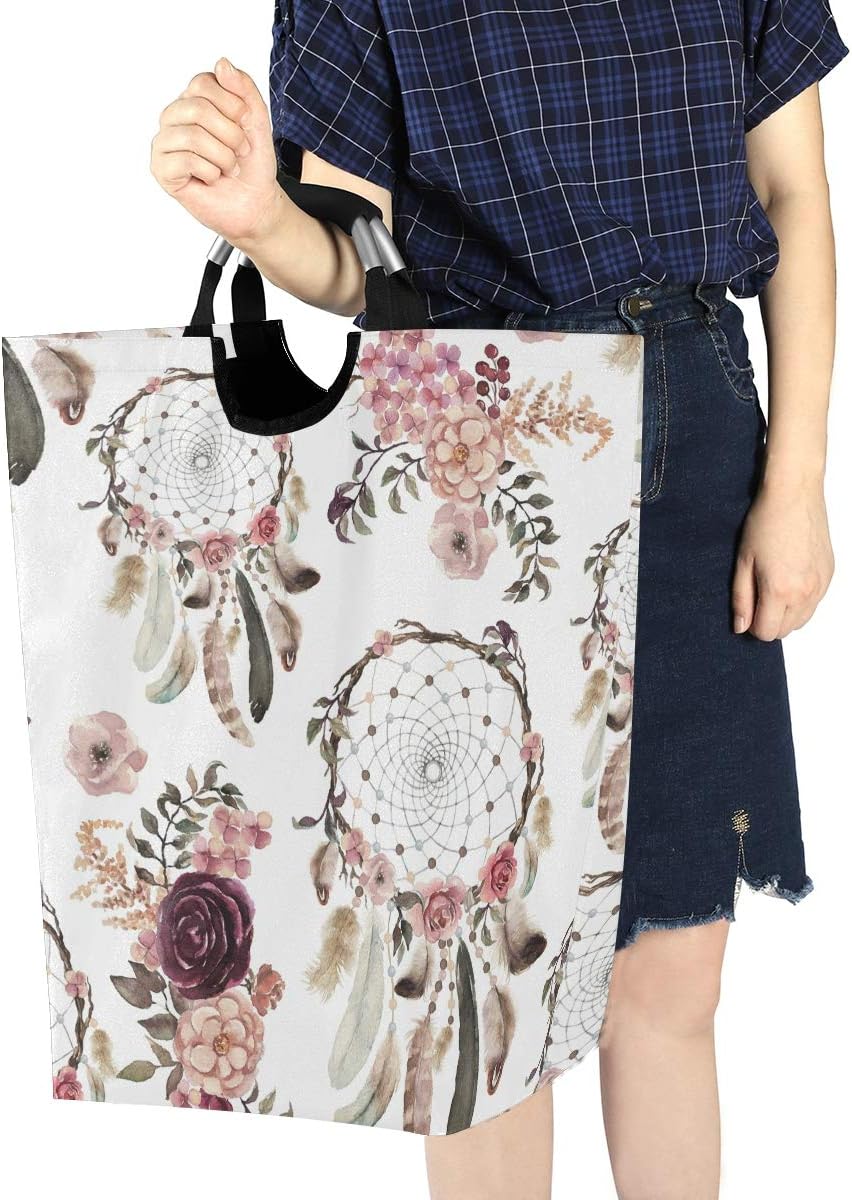ALAZA Dream Catchers and Flowers Large Laundry Hamper Bag Collapsible with Handles Waterproof Durable Clothes Round Washing Bin Dirty Baskets Organization for Home Bathroom Dorm College