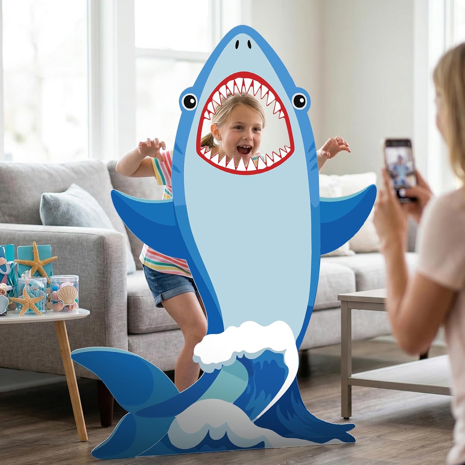 4 Ft Shark Cardboard Cutout Party Photo Booth Prop with Face Hole