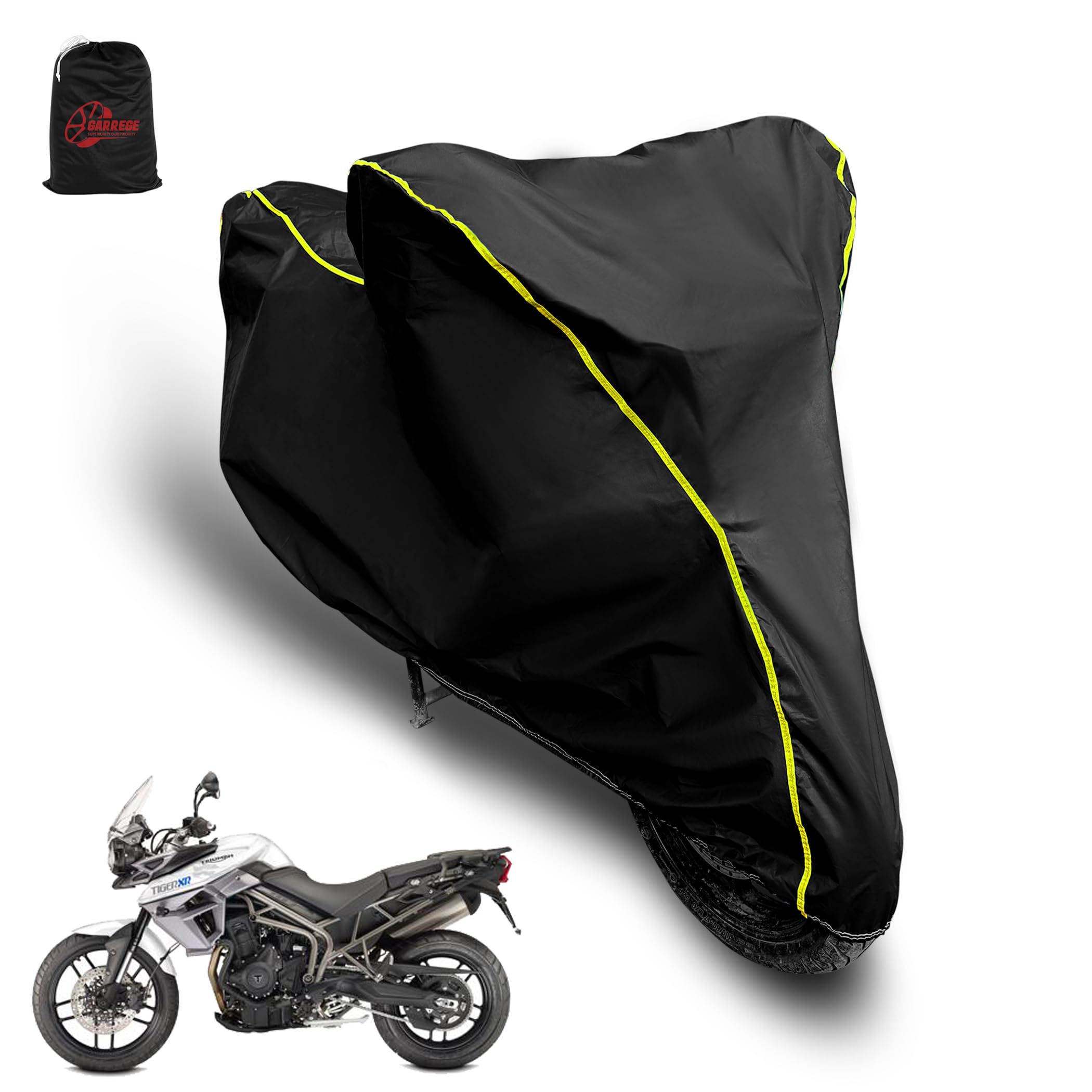 GARREGE Waterproof Two Wheeler Cover for Triumph Tiger 800 Bike | UV Proof, Heat Resistant & All Weather Protection | Black & Yellow Piping Color | Durable & Triple Stitched-image-13