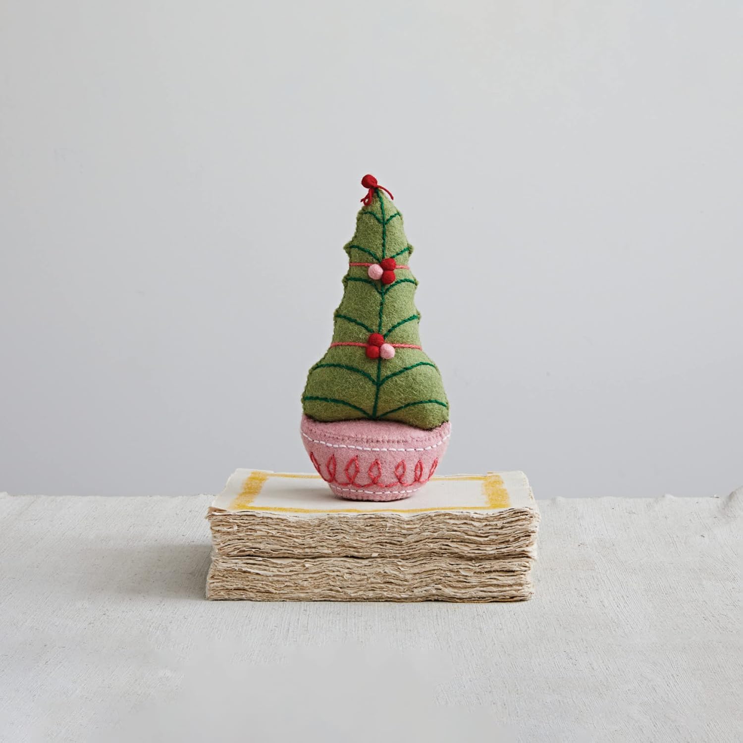 Creative Co-Op 5" L x 3" W x 10-1/2"H Handmade Wool Felt Tree w/Embroidery & Pom Poms, Multi Color ©