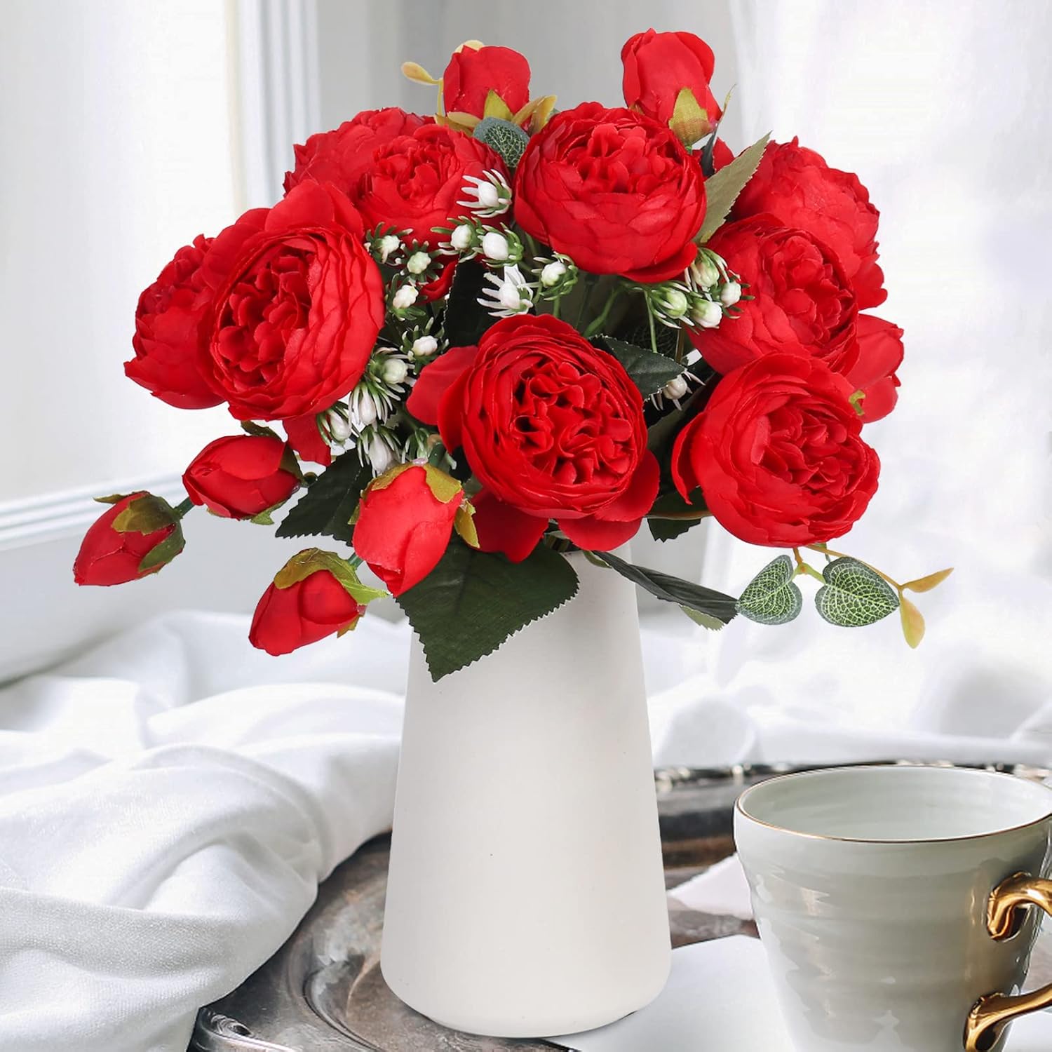 RECUTMS 2Pcs Fake Flowers with Vase Faux Peony Silk Peony