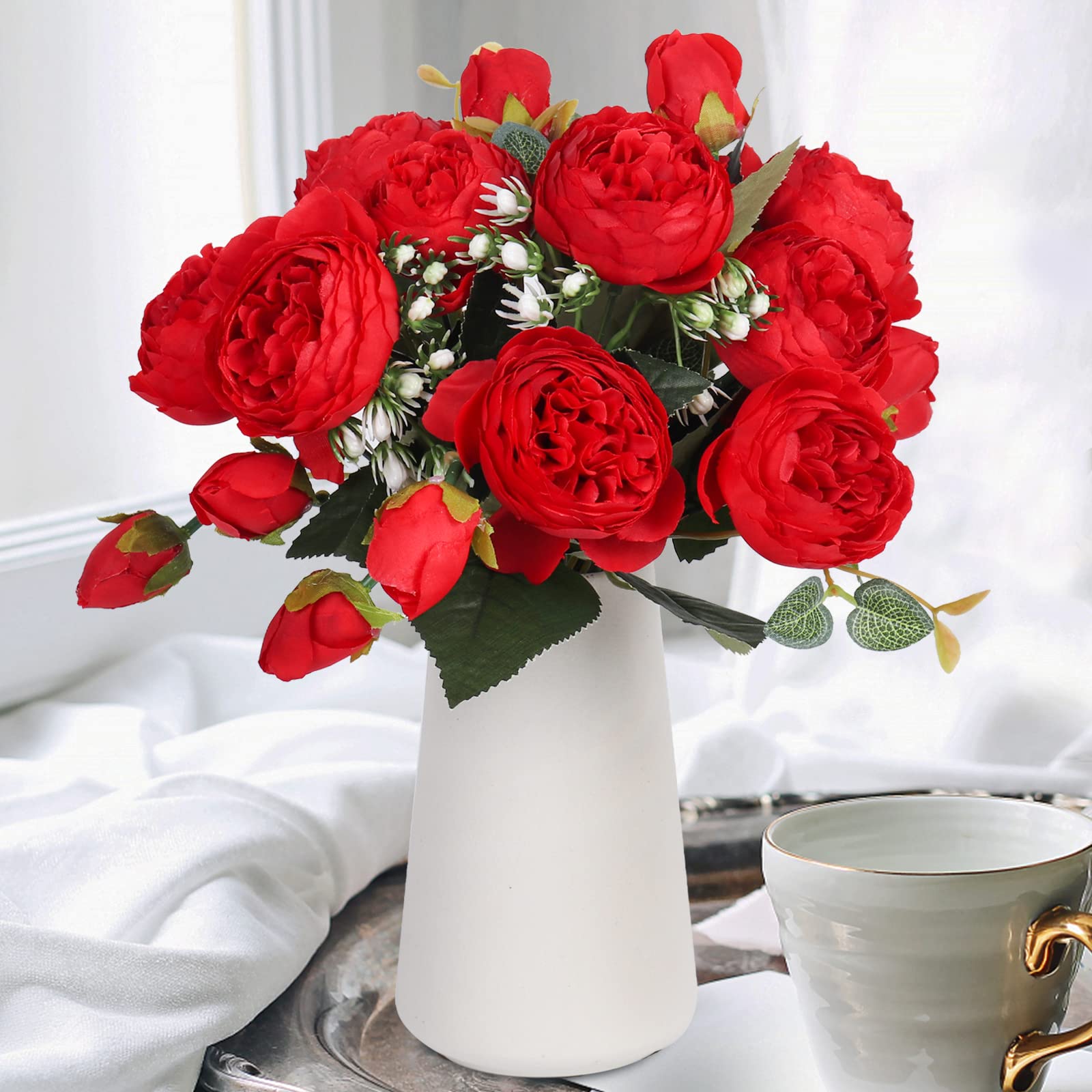 RECUTMS 2Pcs Fake Peonies with Stems Artificial Flowers in Vase Silk Bouquet Faux Floral Arrangements for Home Mother's Day Decor Indoor Dining Table Centerpiece Wedding (Red)