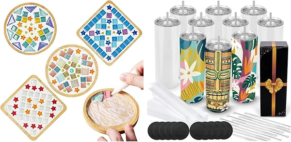 Joyclub Bundle of 4 Sets DIY Glass Mosaic Tiles and Sublimation Tumblers Blanks 20 oz 10