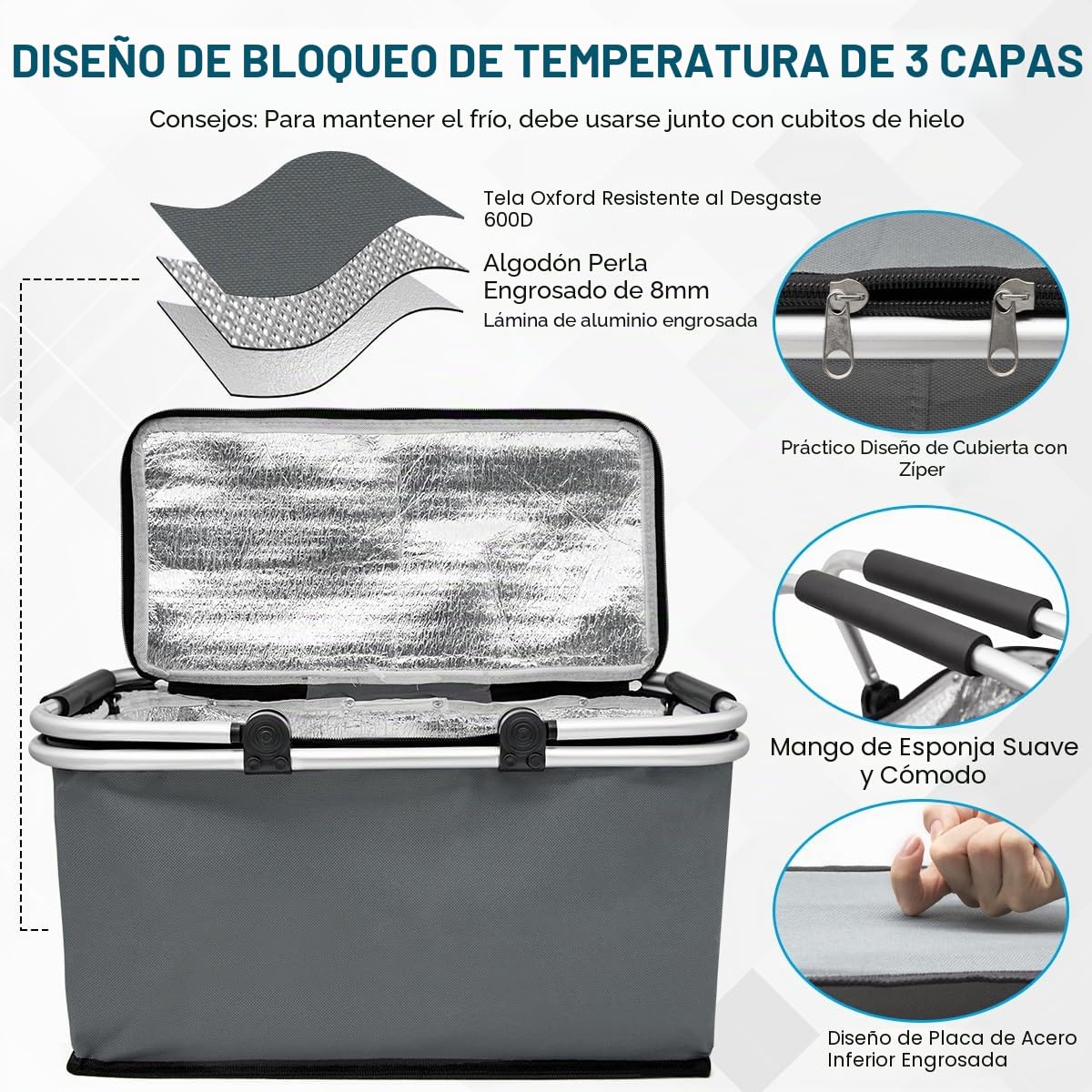 Cesta de Picnic Grande Portátil Plegable Impermeable, Bolsa Térmica con Marco de Aluminio, Oxford Cesta Resistente para Camping y Picnic (Gris)