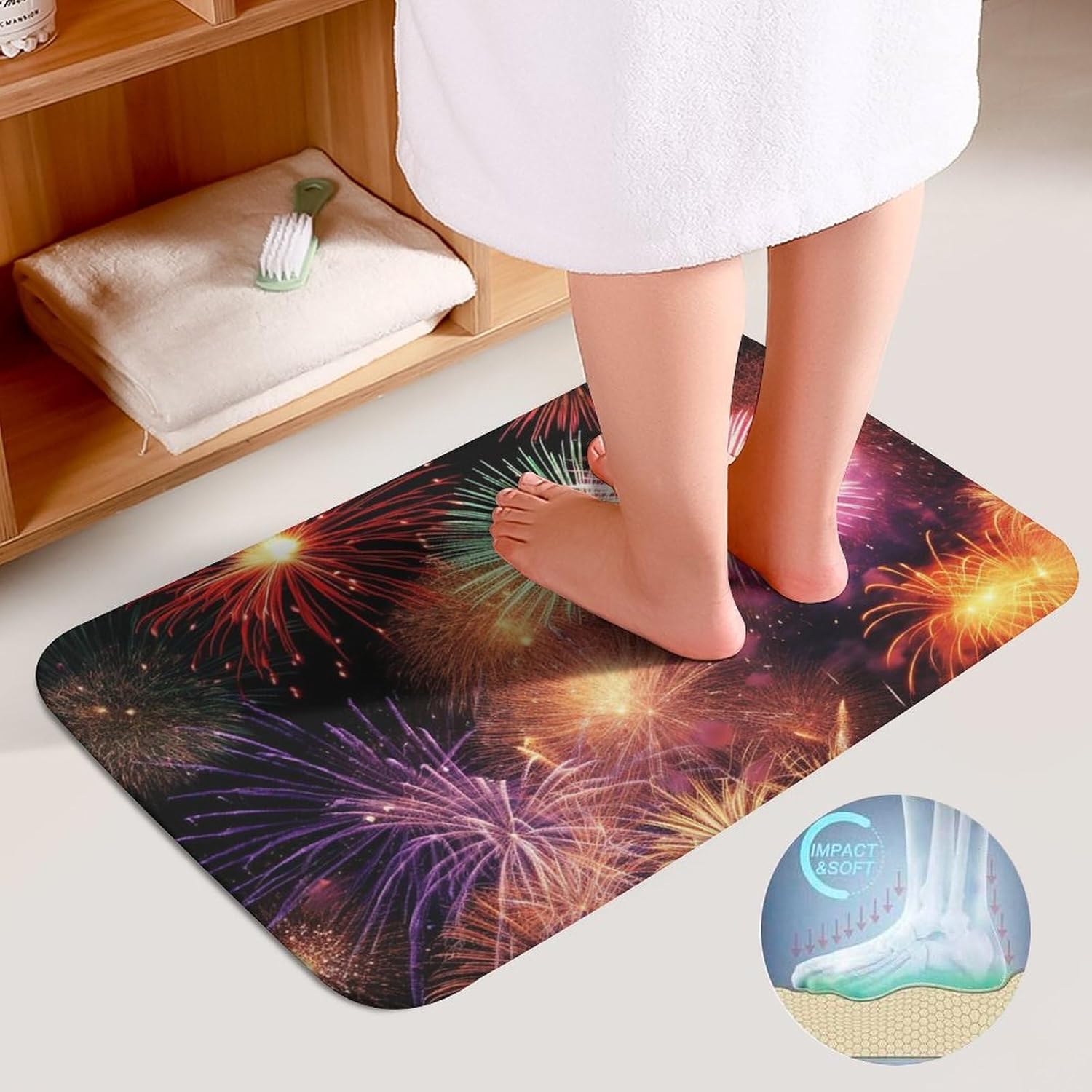 Anti-Skid Floor Mats 3 Piece Set,Beautiful Fireworks Printed Coral Fleece Bathroom Mats U-Shaped Contour Mat Toilet Seat Cover for Bathroom, Tub, Shower, Kitchen 19.7"x31.5"