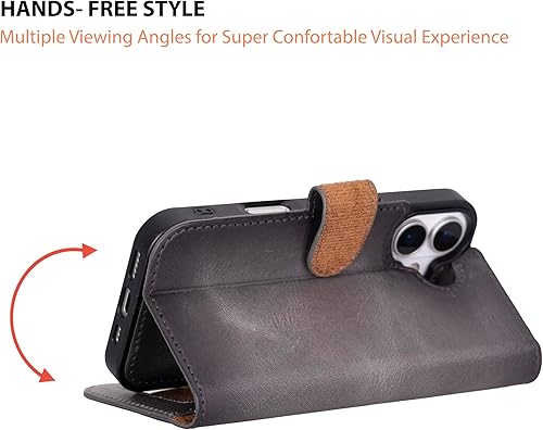 Miniatura 9 de Funda tipo cartera de piel prémium para iPhone 17, bloqueo RFID, diseño desmontable 2 en 1 con ranuras para tarjetas, funda de piel de vaca gris con