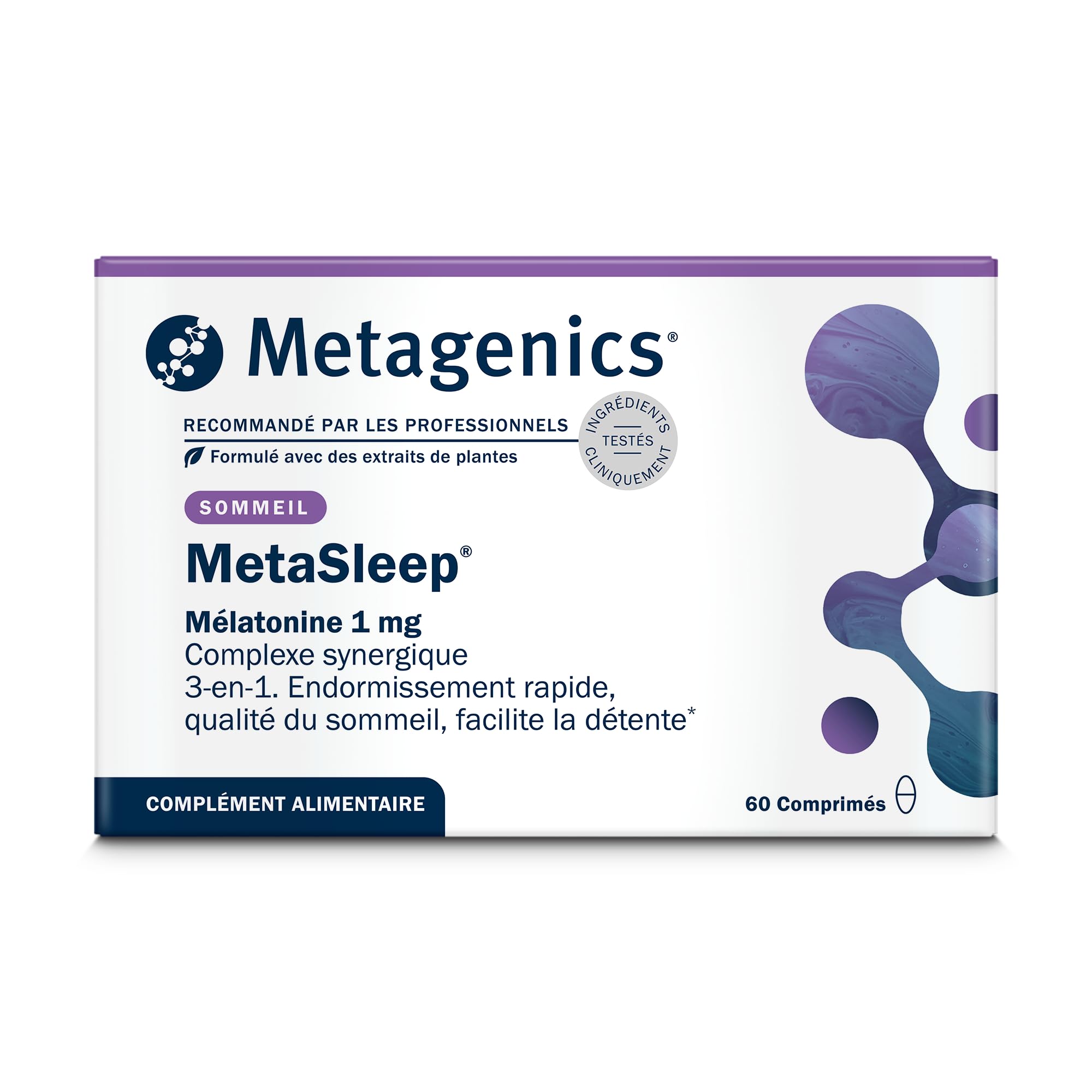 Metagenics MetaSleep - Complément Alimentaire Mélatonine 1 mg, Valériane, Mélisse, Magnésium, Vitamines B6 & B12 - Sommeil Réparateur & Relaxation - Végan - 60 Comprimés