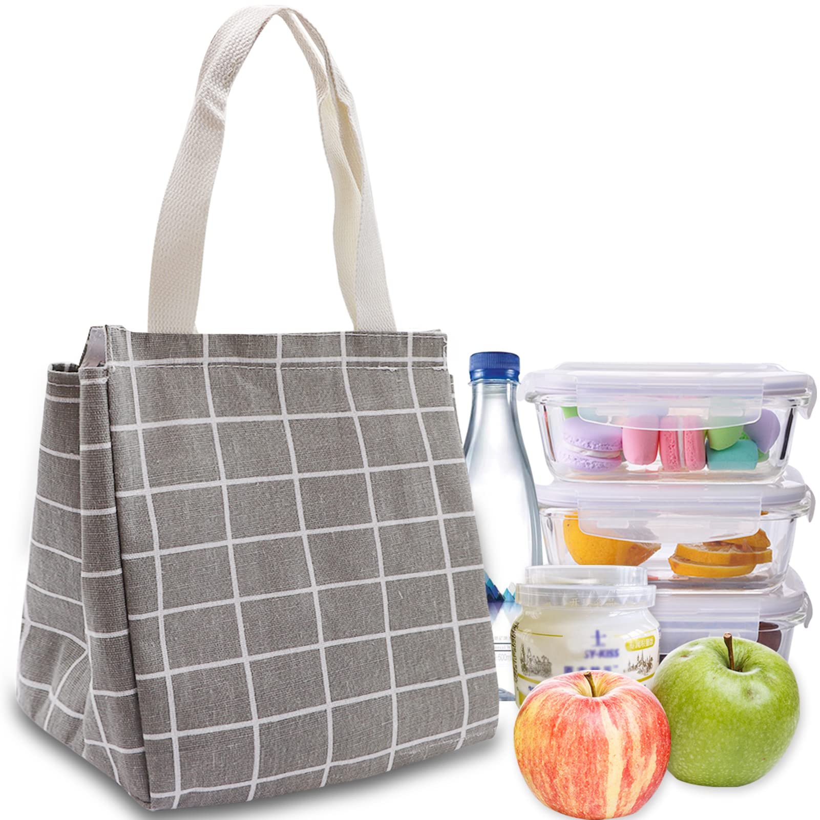 Uooker Reusable Canvas Lunch Bag with Aluminum Foil, Lunch Handbag, Insulated Cooler Tote, Waterproof Thermal Leak-Proof Lunch Organizer for Children Women Men School Office Outdoor (Checkered, Grey)