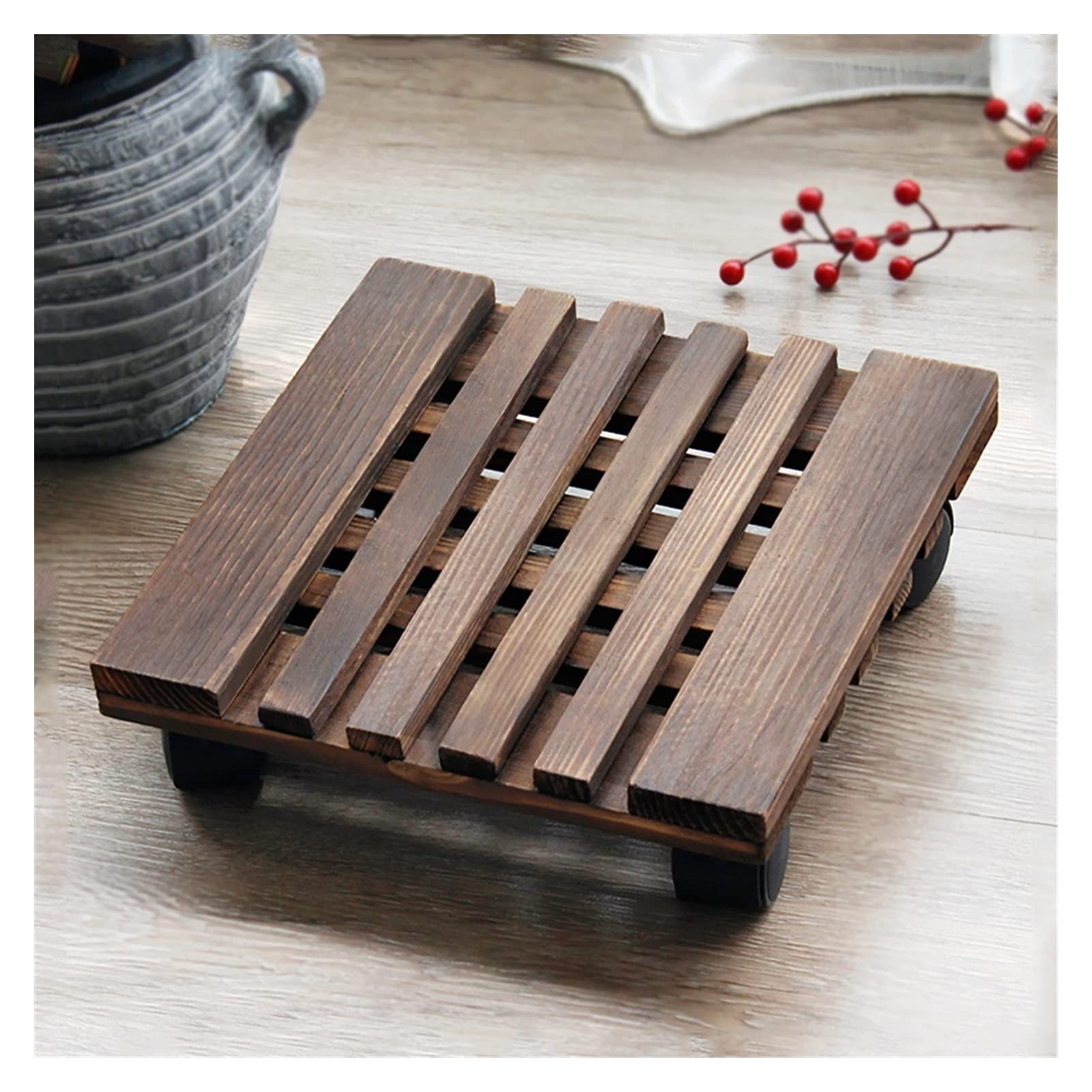 Support plantes roulettes bois pour terrasse et salon moderne