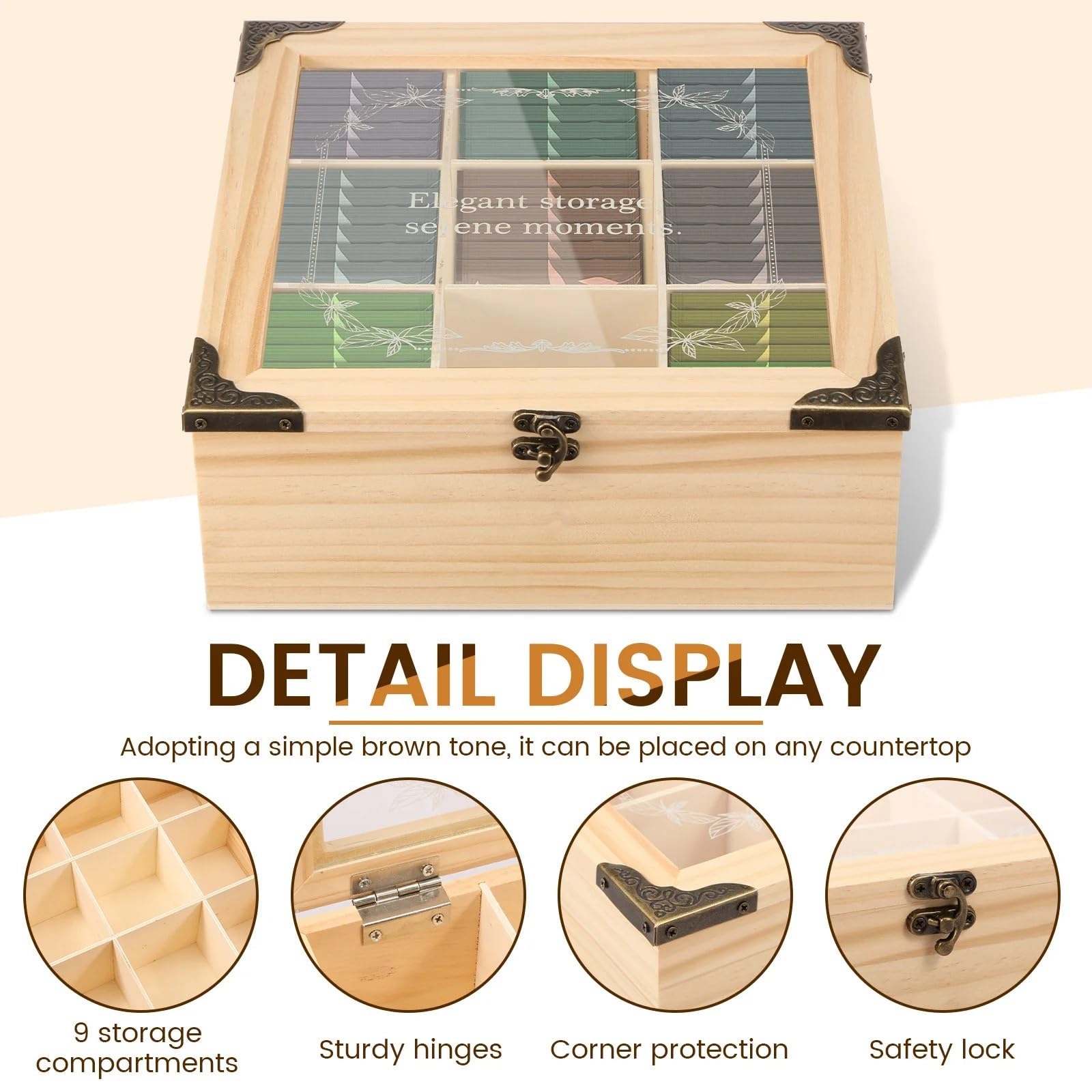 Caja de almacenamiento bolsitas té con tapa transparente | Organizador de café que clasifica los suministros de azúcar de fácil acceso(24x24x9cm)